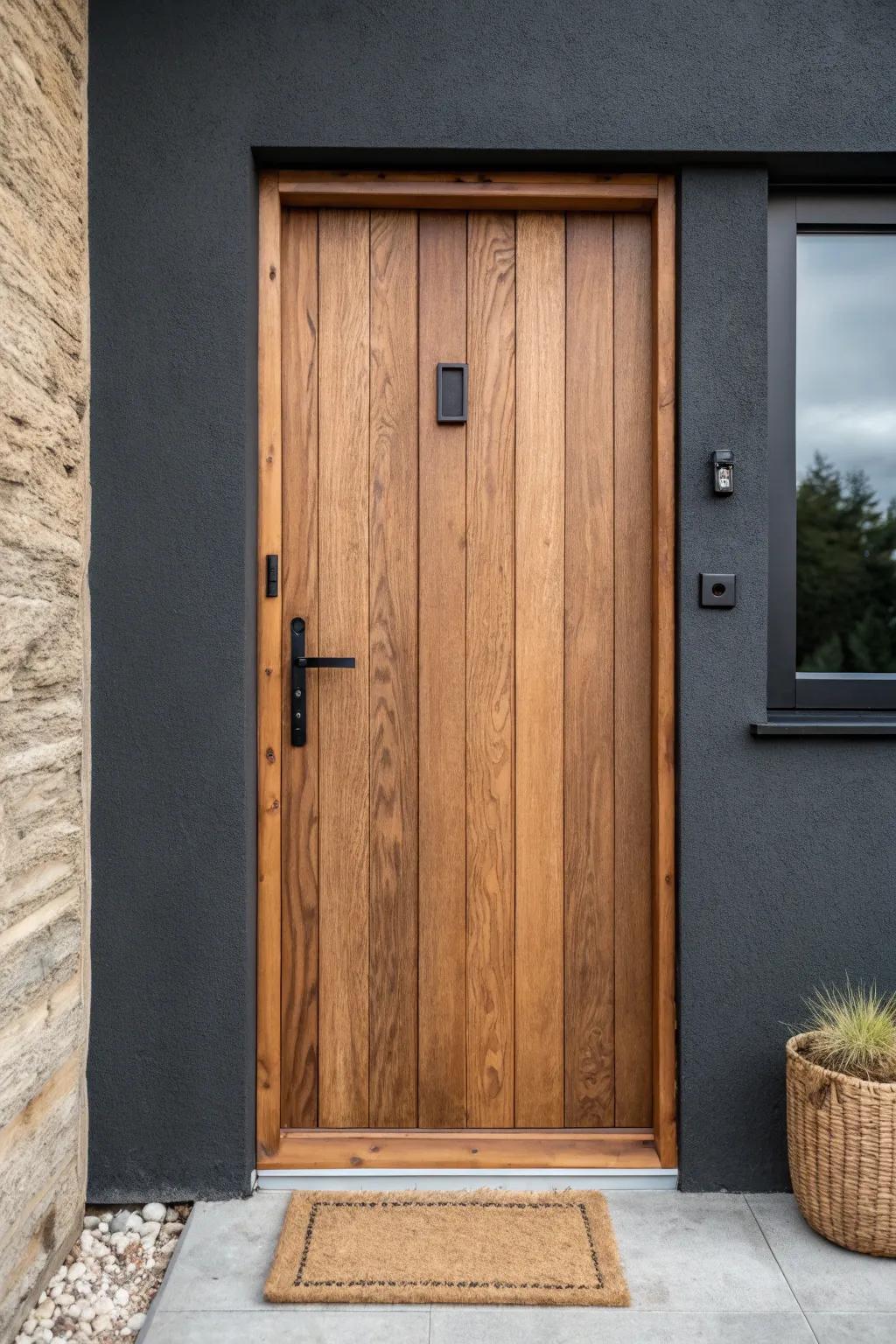 Warm walnut wood door on a dark gray facade—natural grain + black iron hardware perfection.