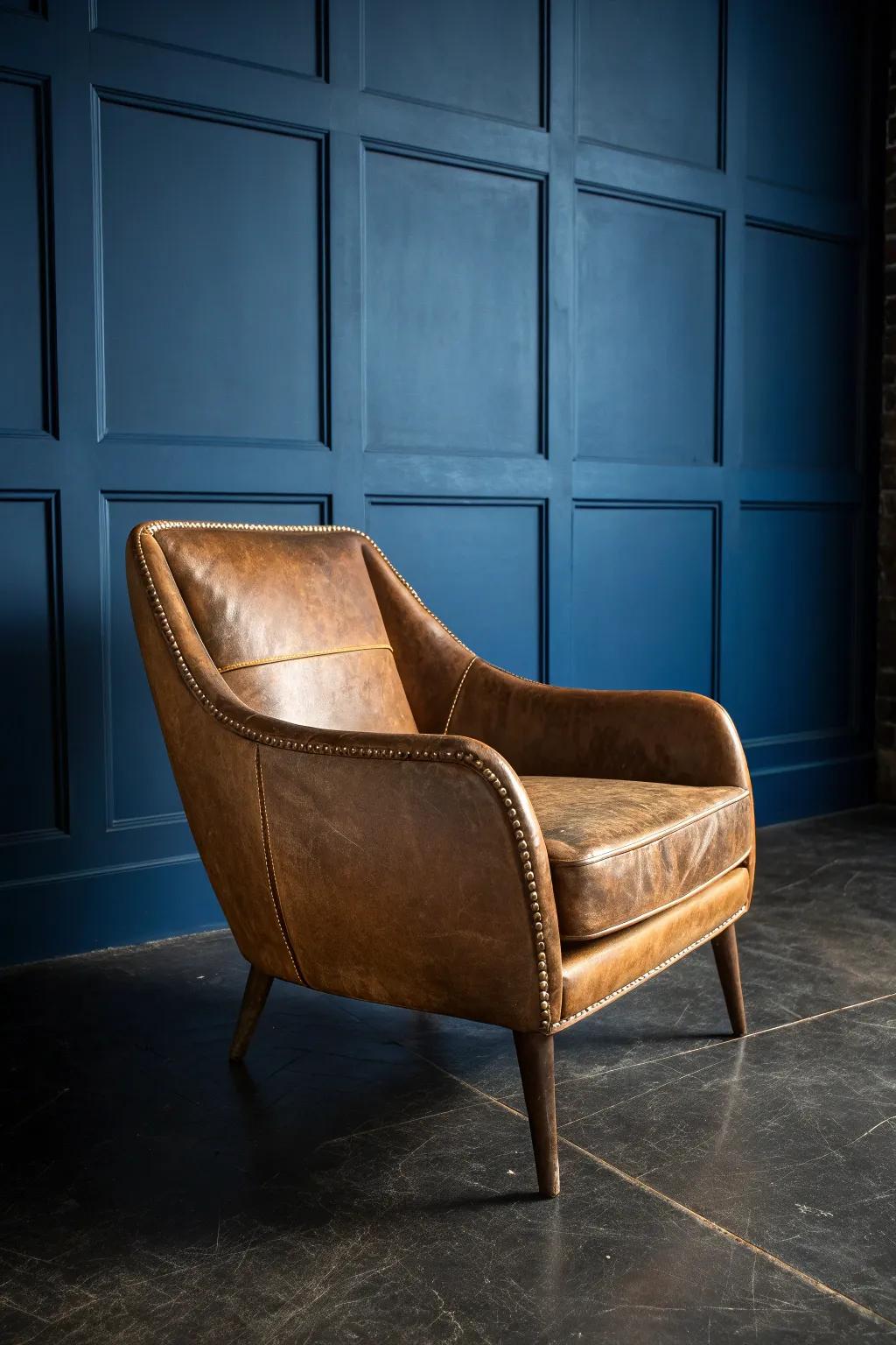 Tobacco leather pops against deep navy—moody, luxe contrast with clean Scandinavian lines.