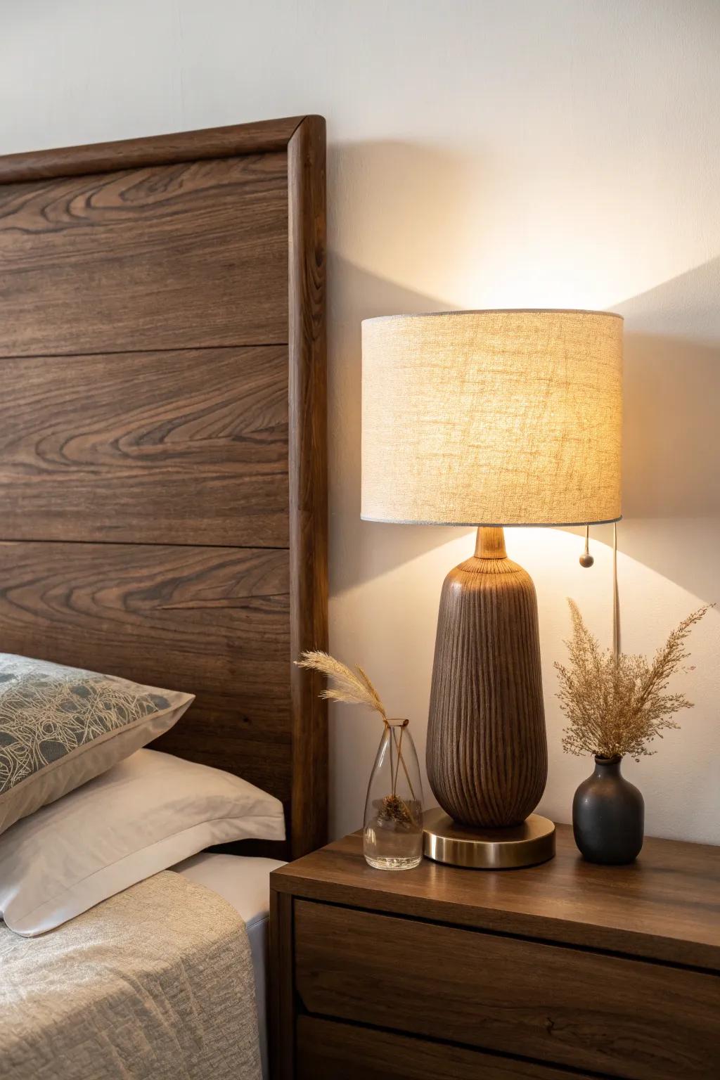 Warm amber lamp light makes a dark wood headboard feel cozy, rich, and inviting.