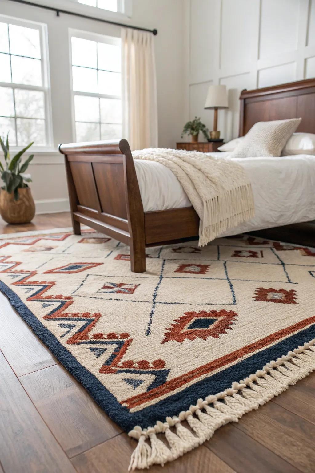 Oversized rug under a dark wood sleigh bed: cozy contrast and a soft place to land.