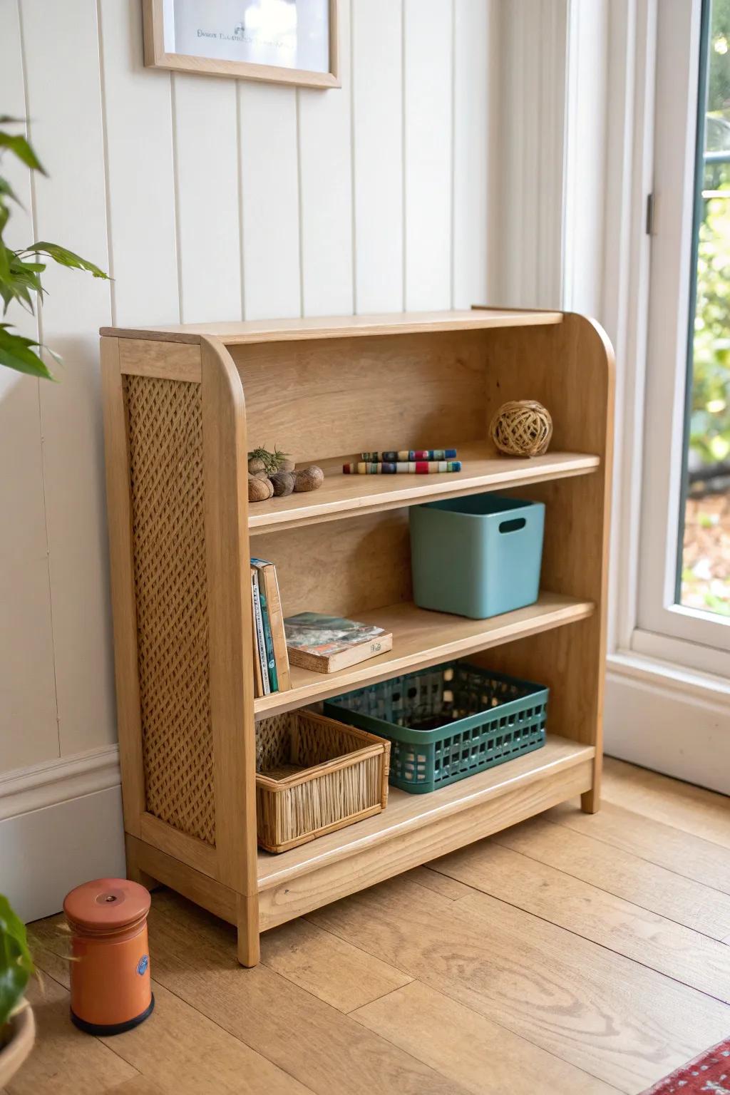 Open kid-height shelving: simple, handcrafted, and easy for little hands to explore.