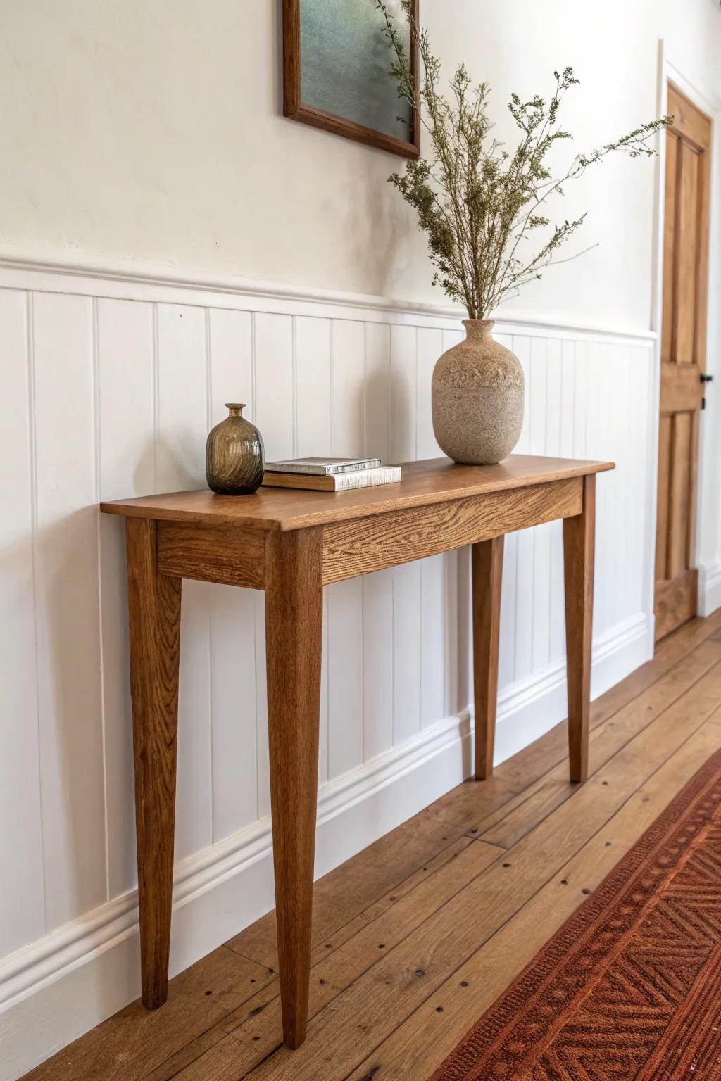 Two-tone walls + warm wood make a narrow hallway feel taller, cozier, and beautifully minimalist.