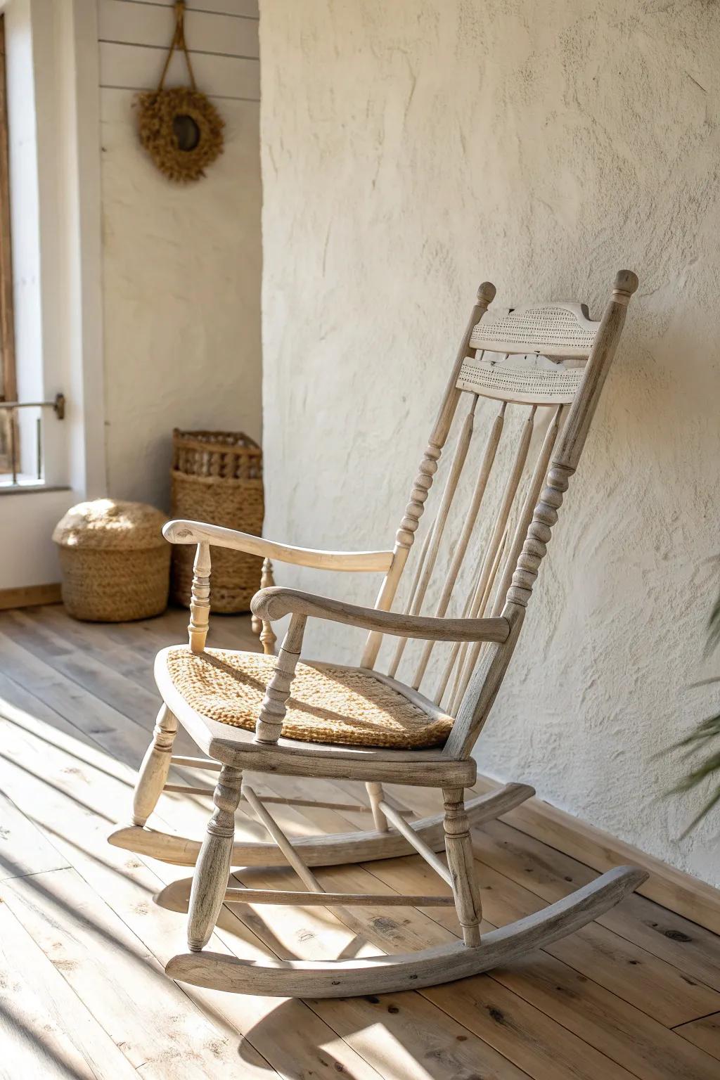 Whitewashed farmhouse rocking chair—light, airy, and full of beautiful wood grain texture.