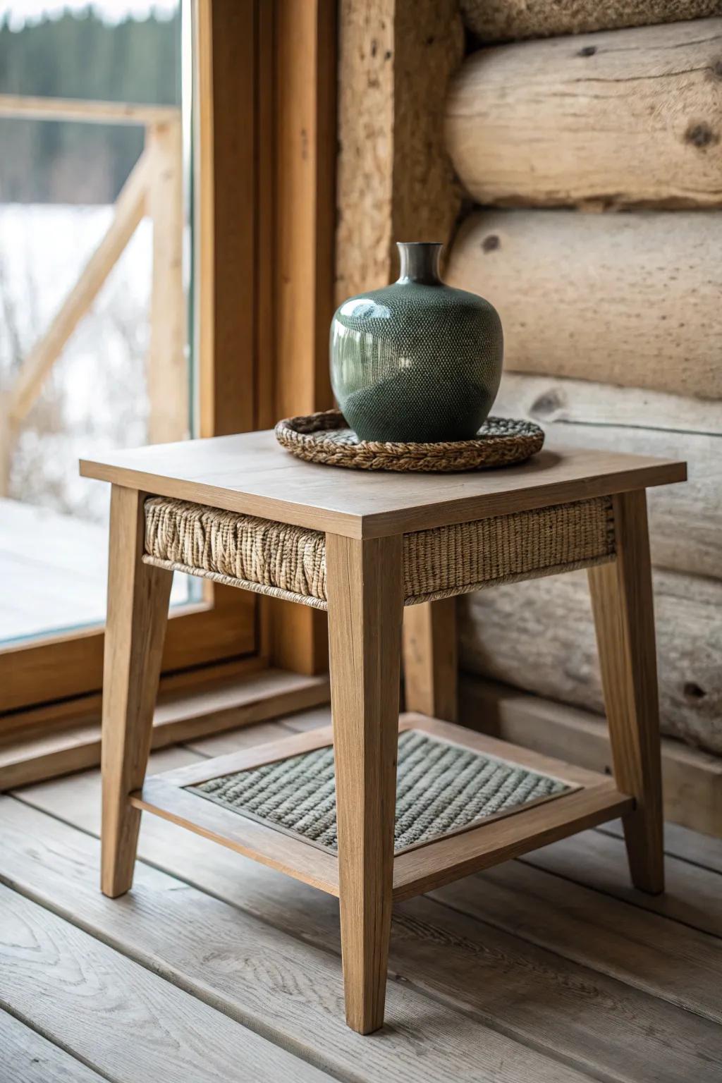 Warm neutrals + earth tones with a forest-green accent for a cozy mountain-cabin vibe.