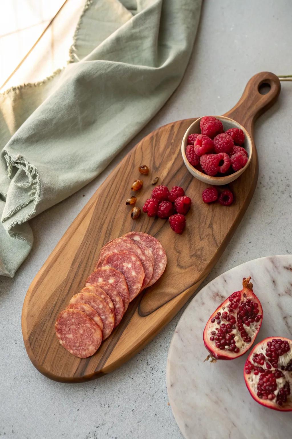 Three-color charcuterie board styling: reds, greens, and neutrals in perfect balance.
