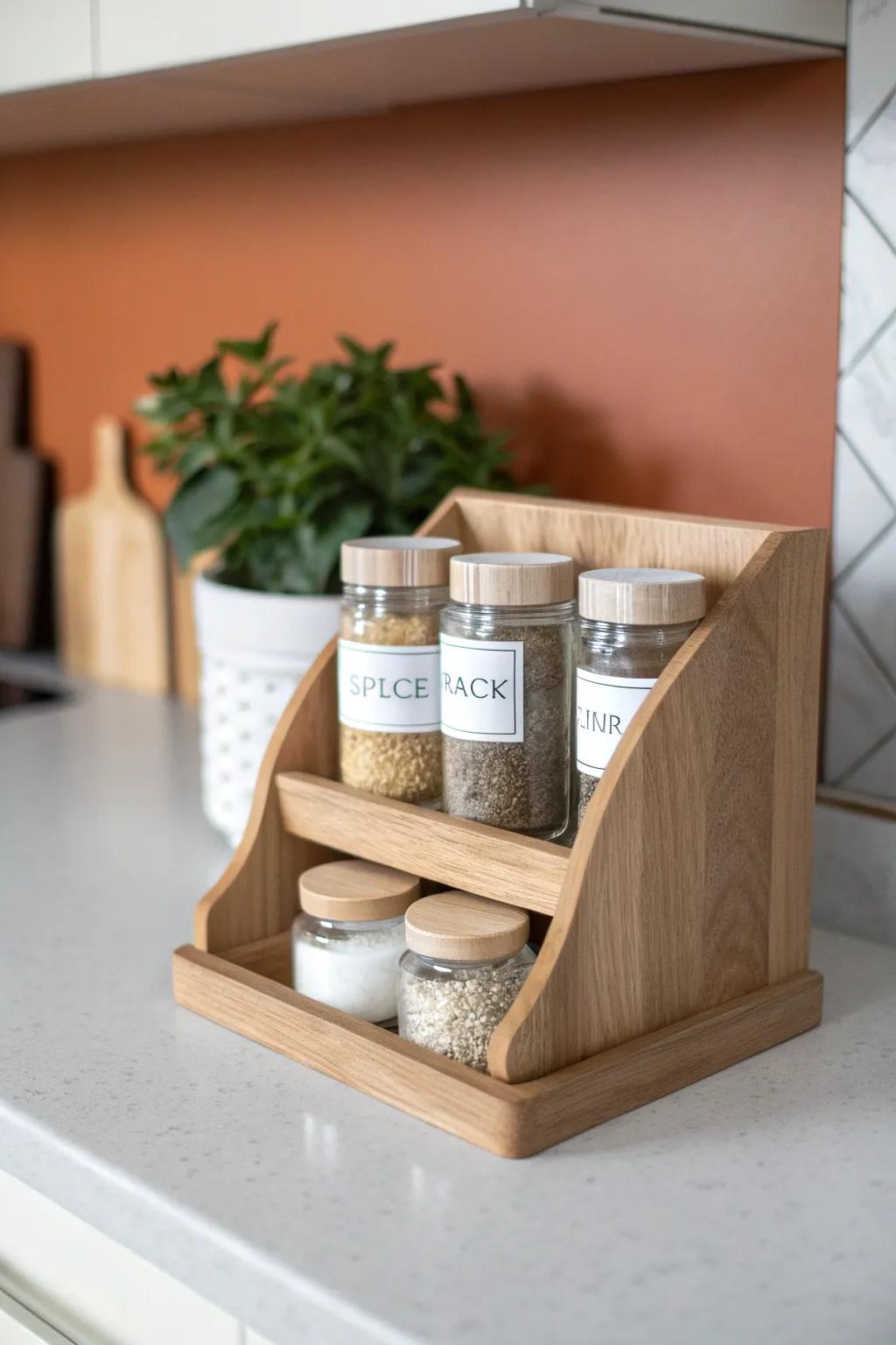 A sleek stair-step spice rack that shows every jar—bright maple, clean lines, easy wipe finish.