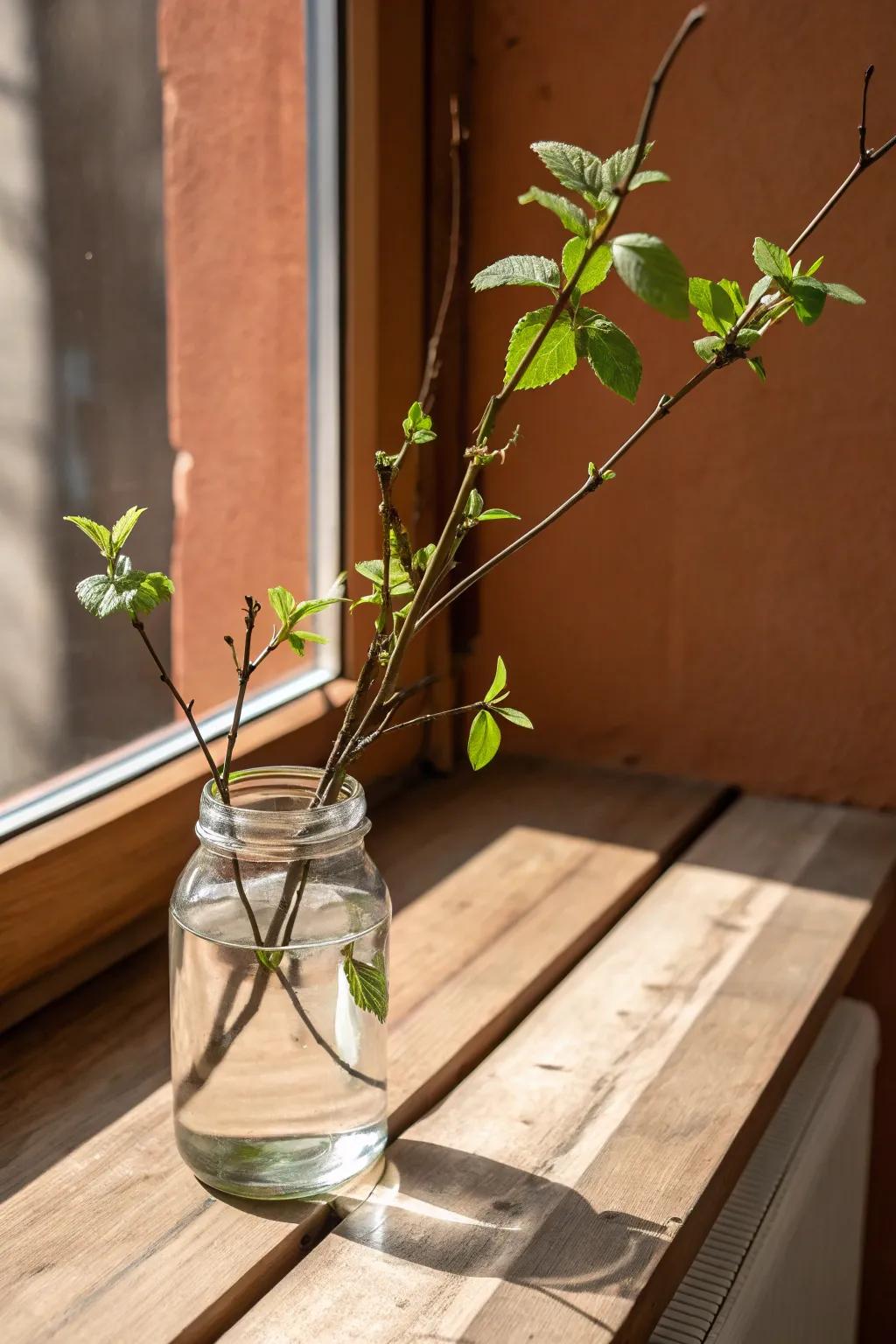 Delicate branch cuttings in a clear glass jar—instant airy, outdoors‑in charm for shelves.