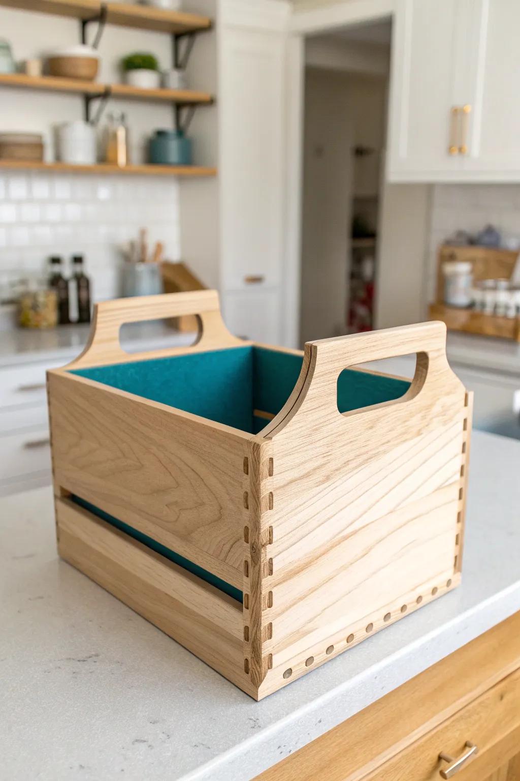 Crate-style lift-out caddy: the prettiest grab-and-go solution for deep RV pantry storage.