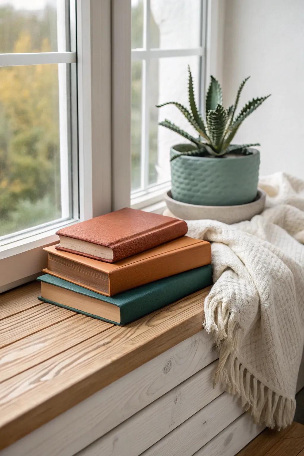 A deep window sill reading nook: low book stack, cozy throw, and one bold statement plant.