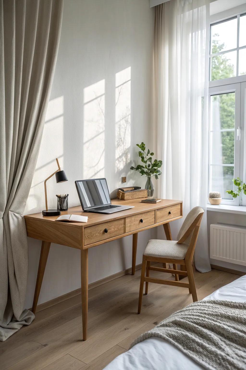 A window-facing oak desk behind the bed—bright, calm, and perfect for sunny morning focus.