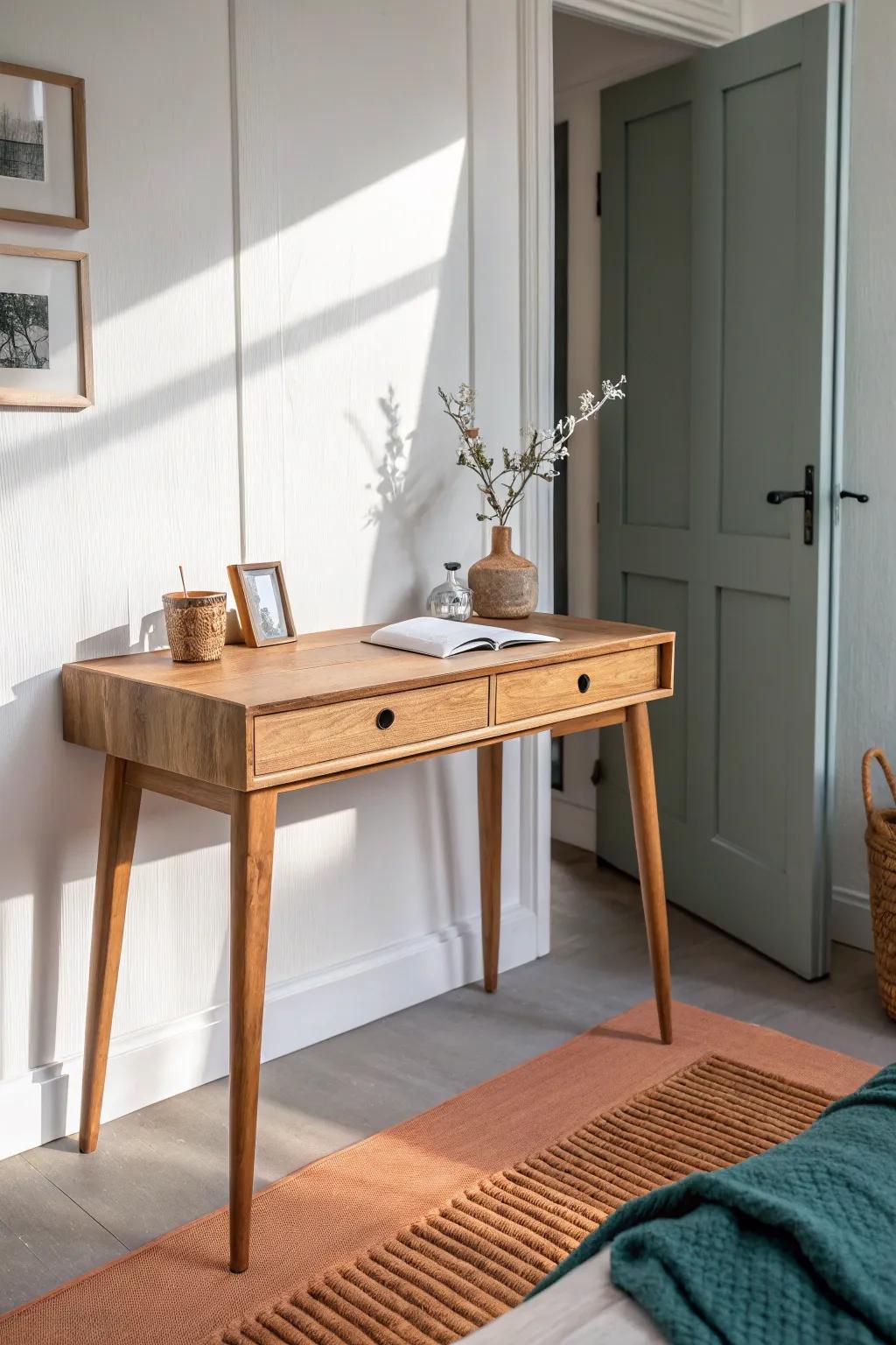 Slim wall-hugging oak desk: warm wood, minimal footprint, perfect for a bedroom laptop nook.