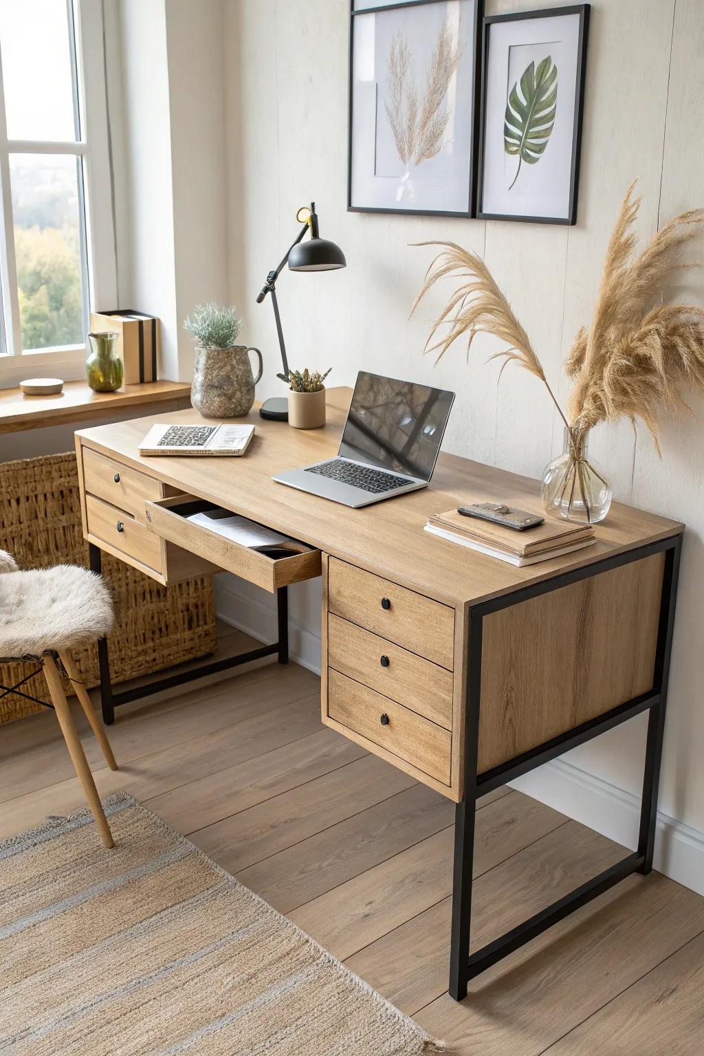 Sleek oak desk with a built-in drawer bank—minimal, bold accents, and clutter-free calm.