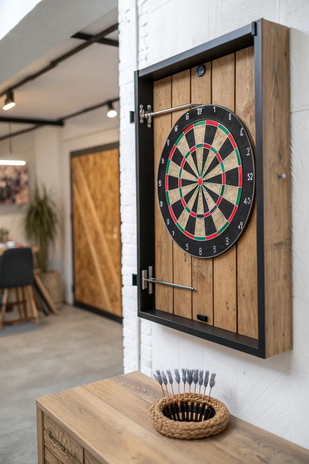 A bold oak-backed dart wall that protects drywall and elevates your garage game corner.