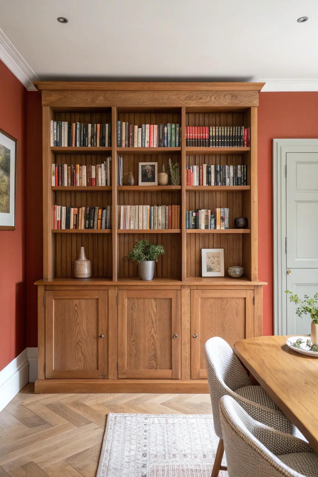 Turn the dining room into a library wall—warm wood grain, bold color, cozy quiet.