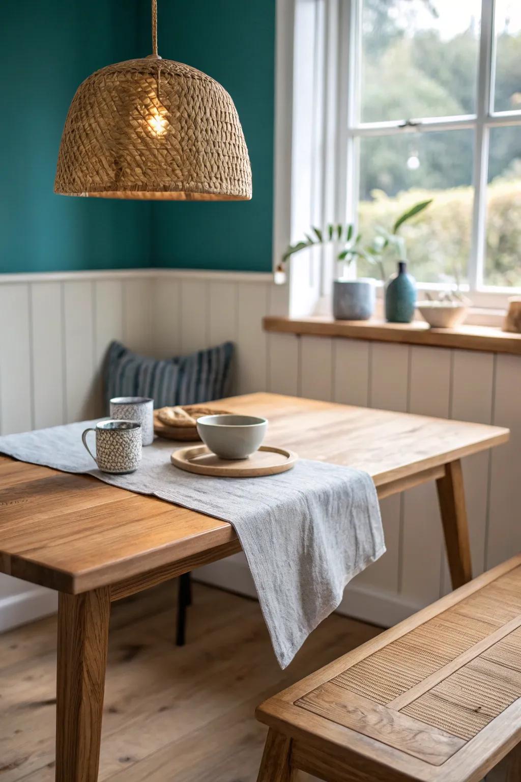 Tuck a handcrafted wood table into the corner for a cozy nook and clearer walkways.