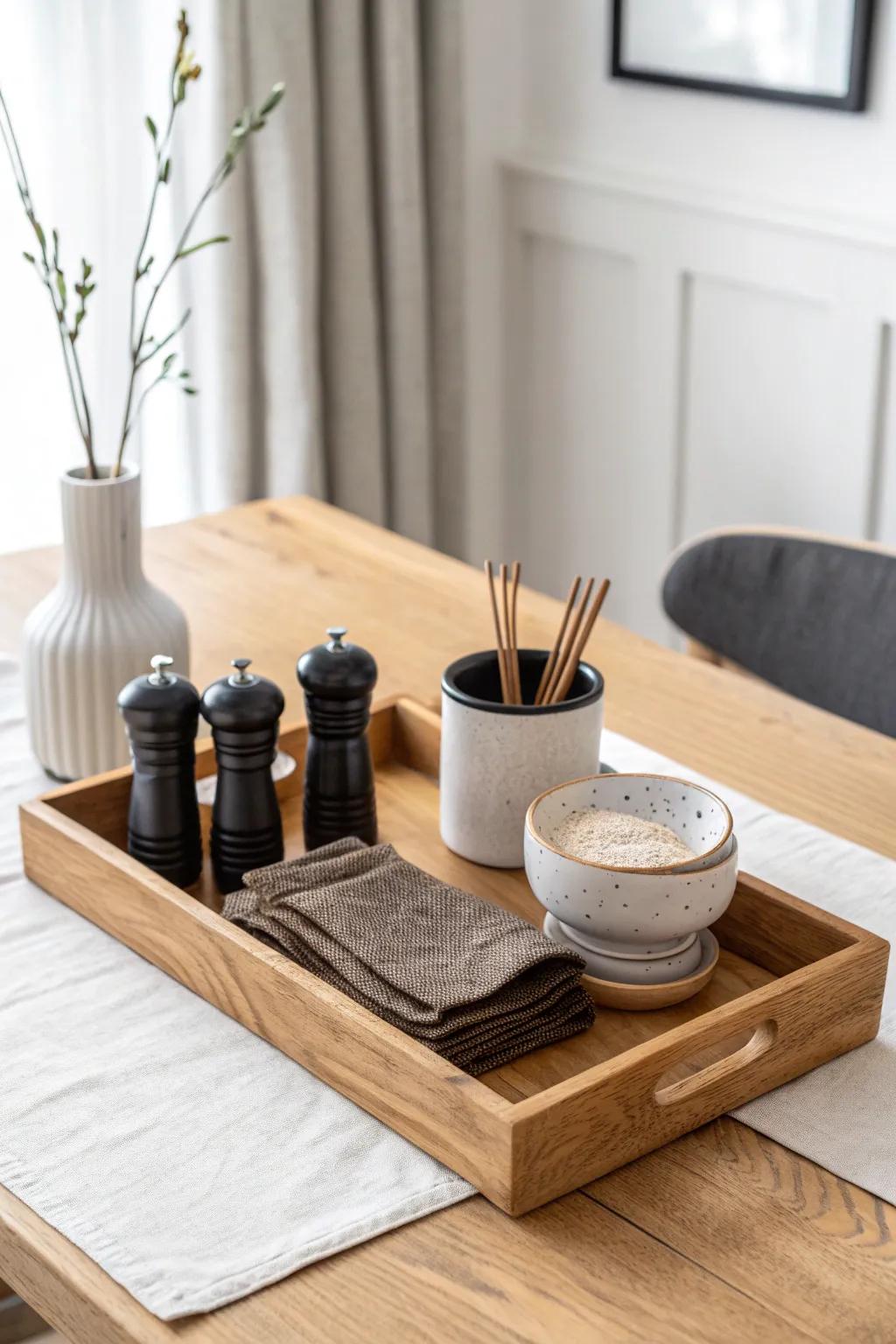 A styled wooden tray keeps salt, pepper, napkins & toothpicks tidy—everyday, beautiful.