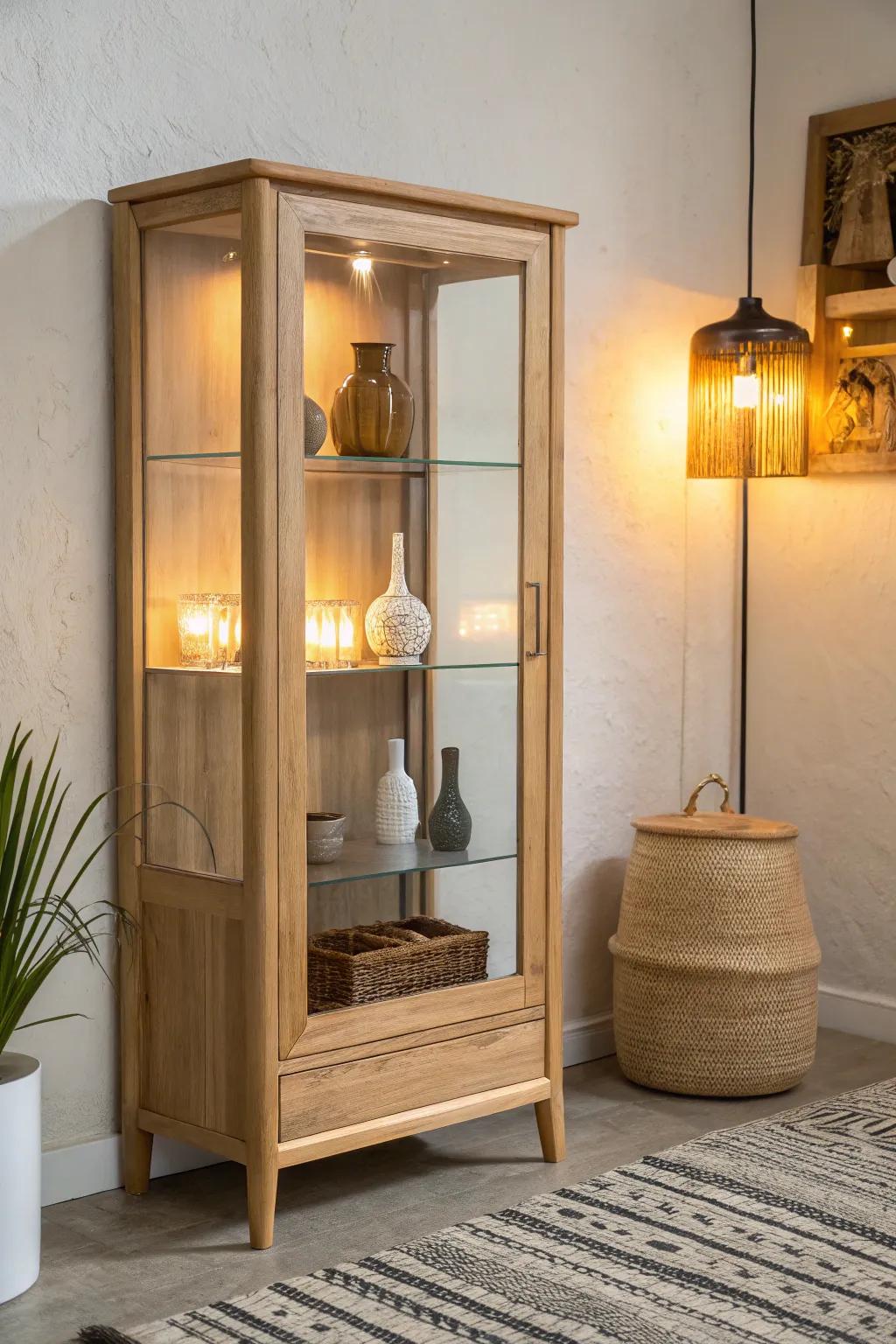 Warm backlighting turns ceramics and bottles into elegant silhouettes with a soft inner glow.