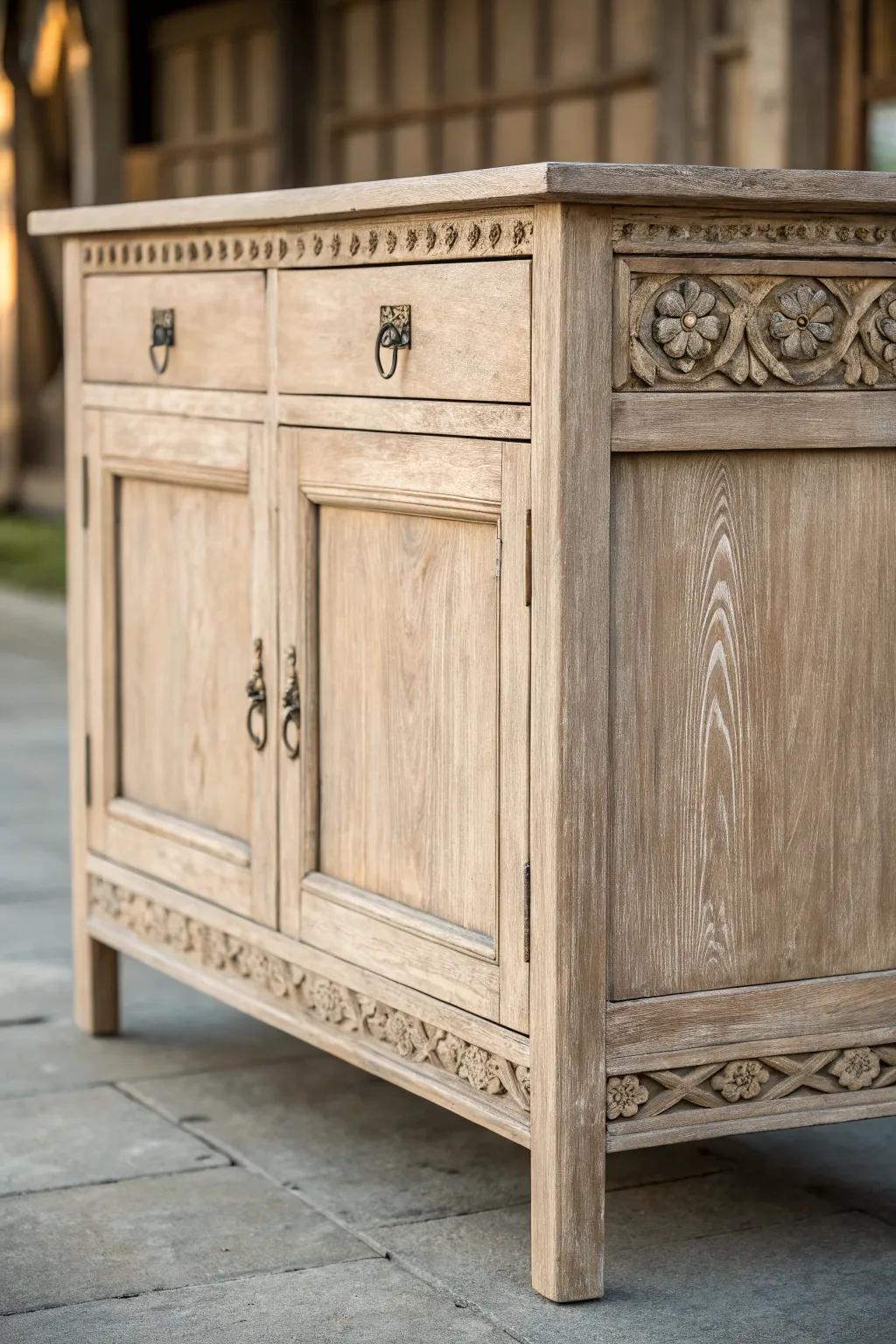 Antiqued sideboard with dark glaze, wiped with the grain for rich, believable age.
