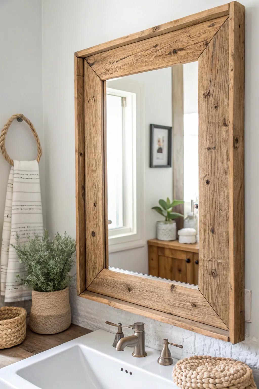 Transform your bathroom mirror into a stunning focal point with a DIY rustic frame. Embrace simplicity and elegance with reclaimed wood craftsmanship.