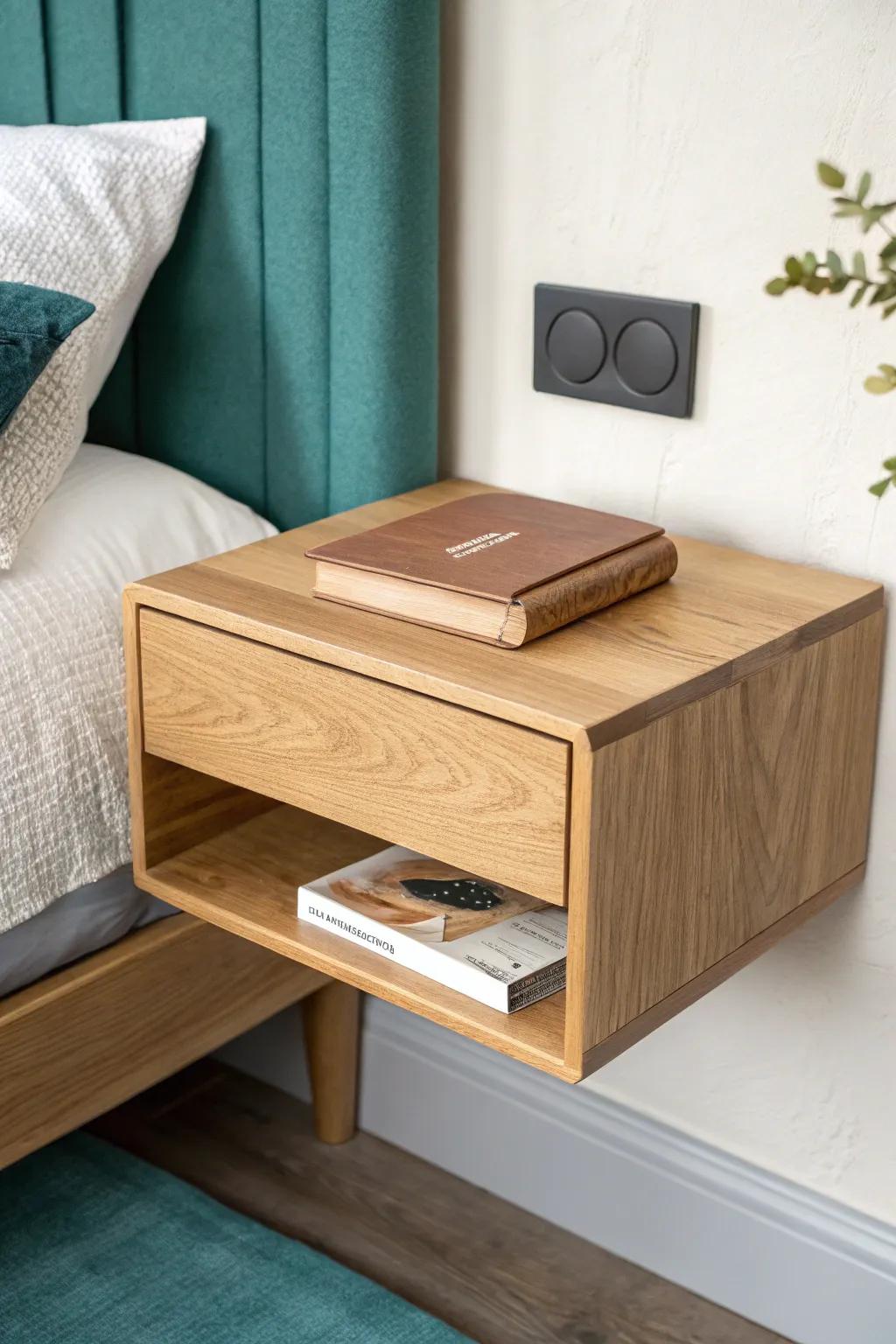 Floating oak nightstand with a slim lip edge—minimal, airy, and book-safe by design.