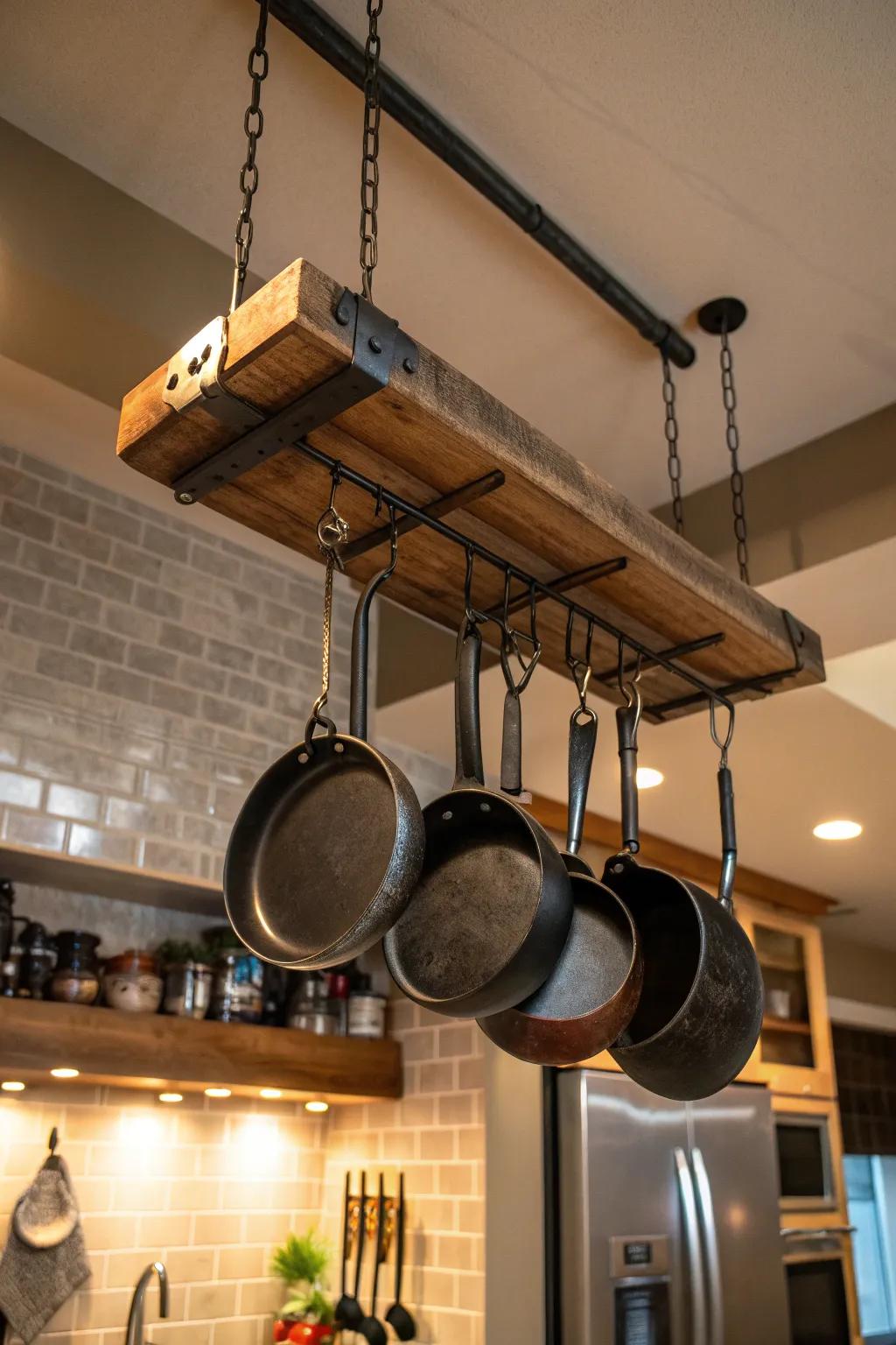 Elevate your kitchen's style and function with this stunning DIY ceiling pot rack.
