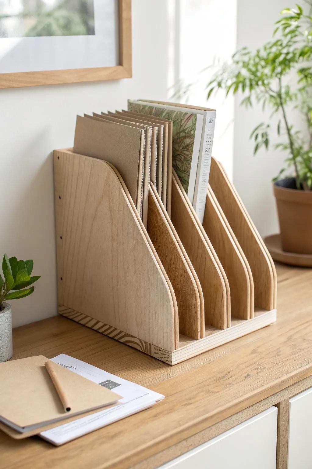 DIY birch plywood letter sorter: slim vertical slots to tame mail, notes, and papers in style.