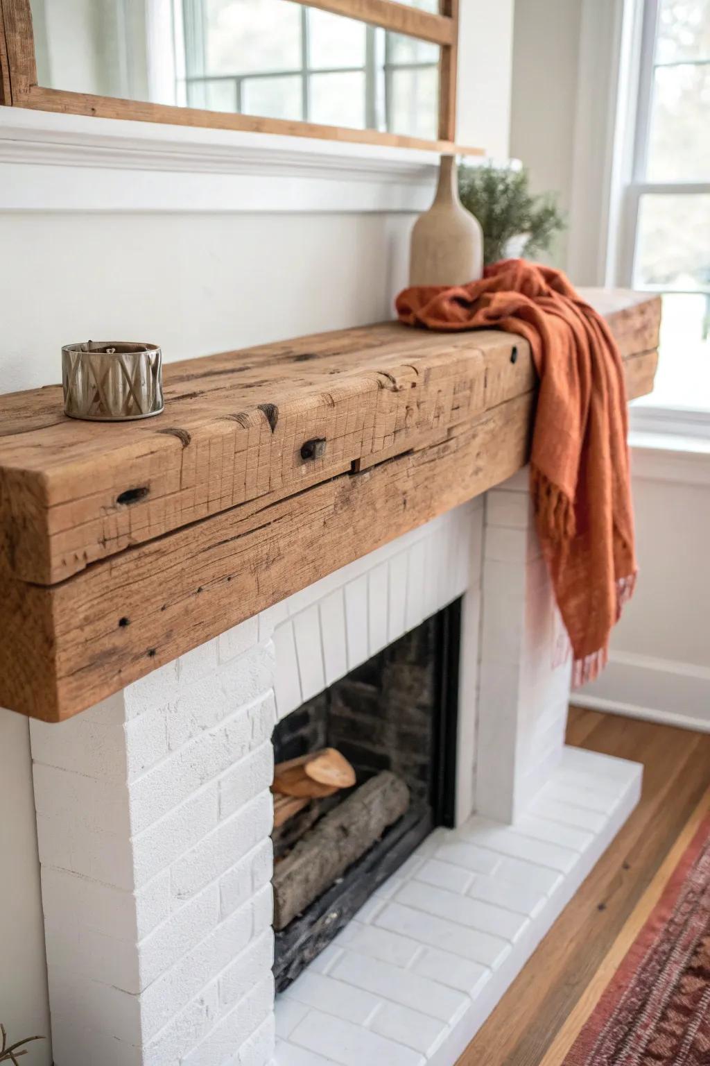 Chunky reclaimed wood mantel beam—warm texture, nail holes, and modern white contrast.