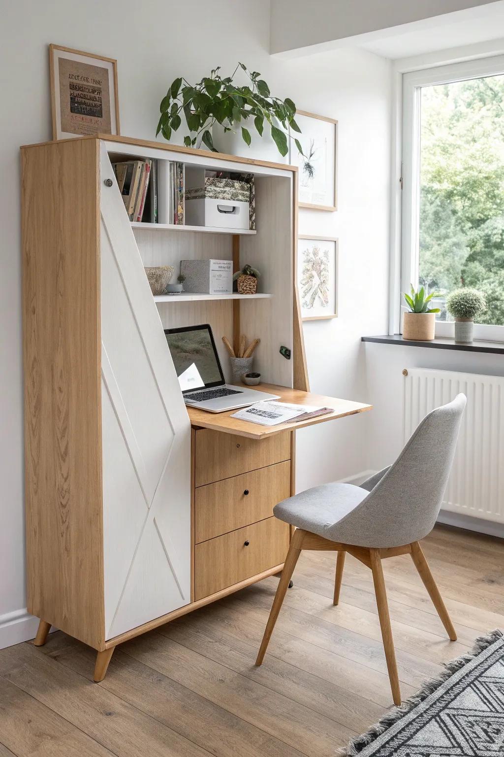 Corner-fit Murphy desk nook: warm wood, bold terracotta contrast, and a tidy fold-down workspace.