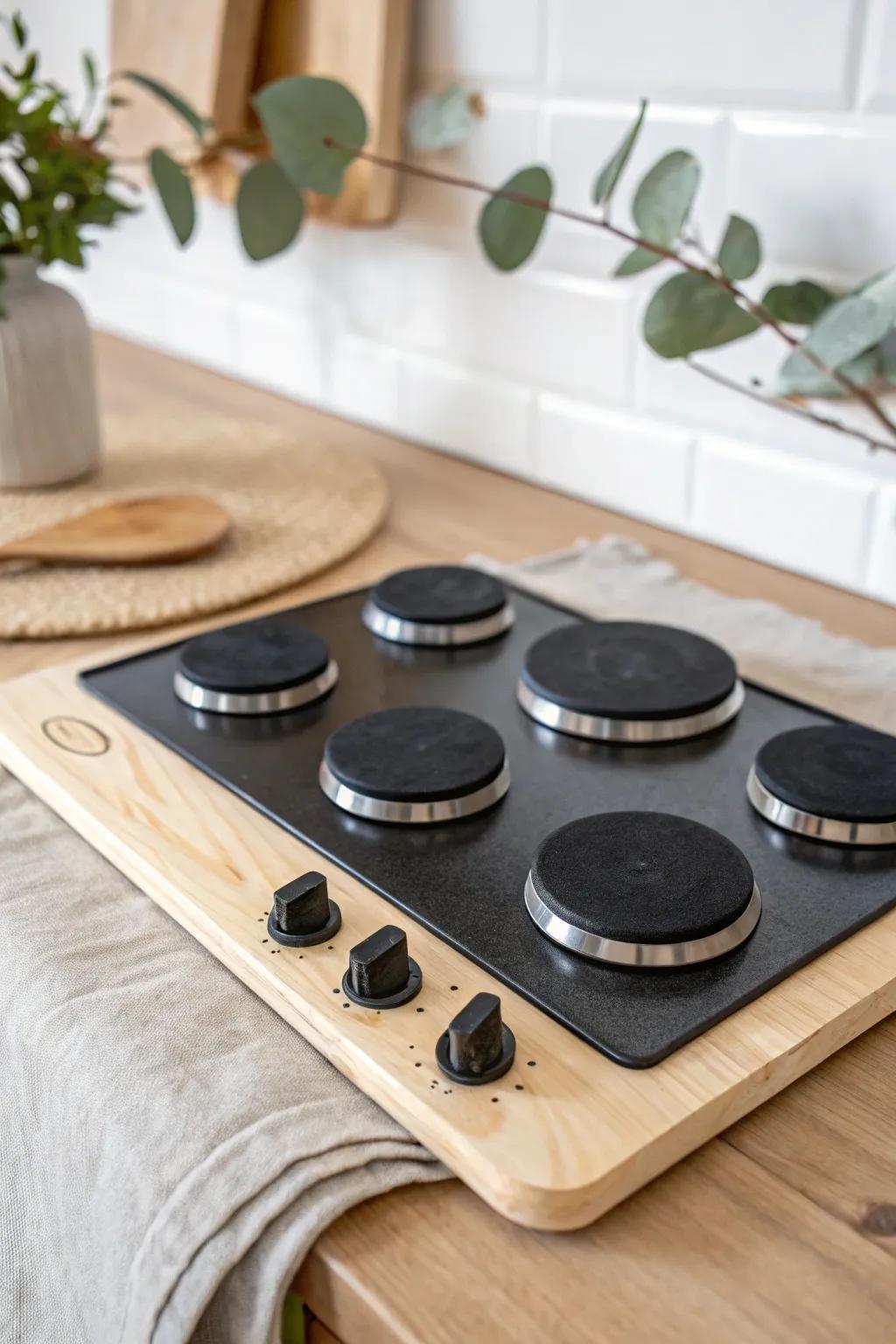 Matte-black wood round burners with a hint of silver—instant DIY play kitchen realism.
