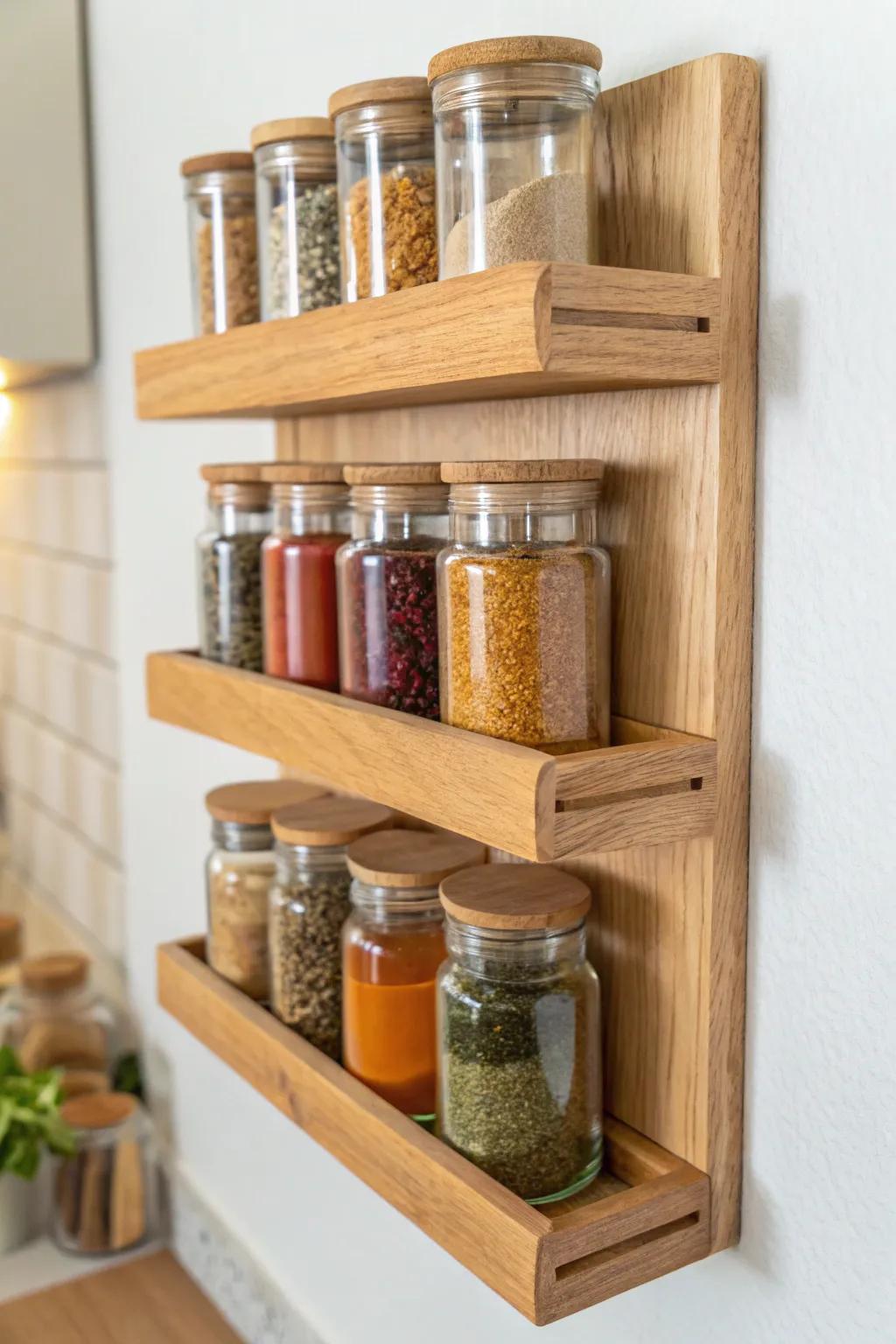 Stacked floating mini shelves keep spices airy—light oak, bold colors, zero clutter.