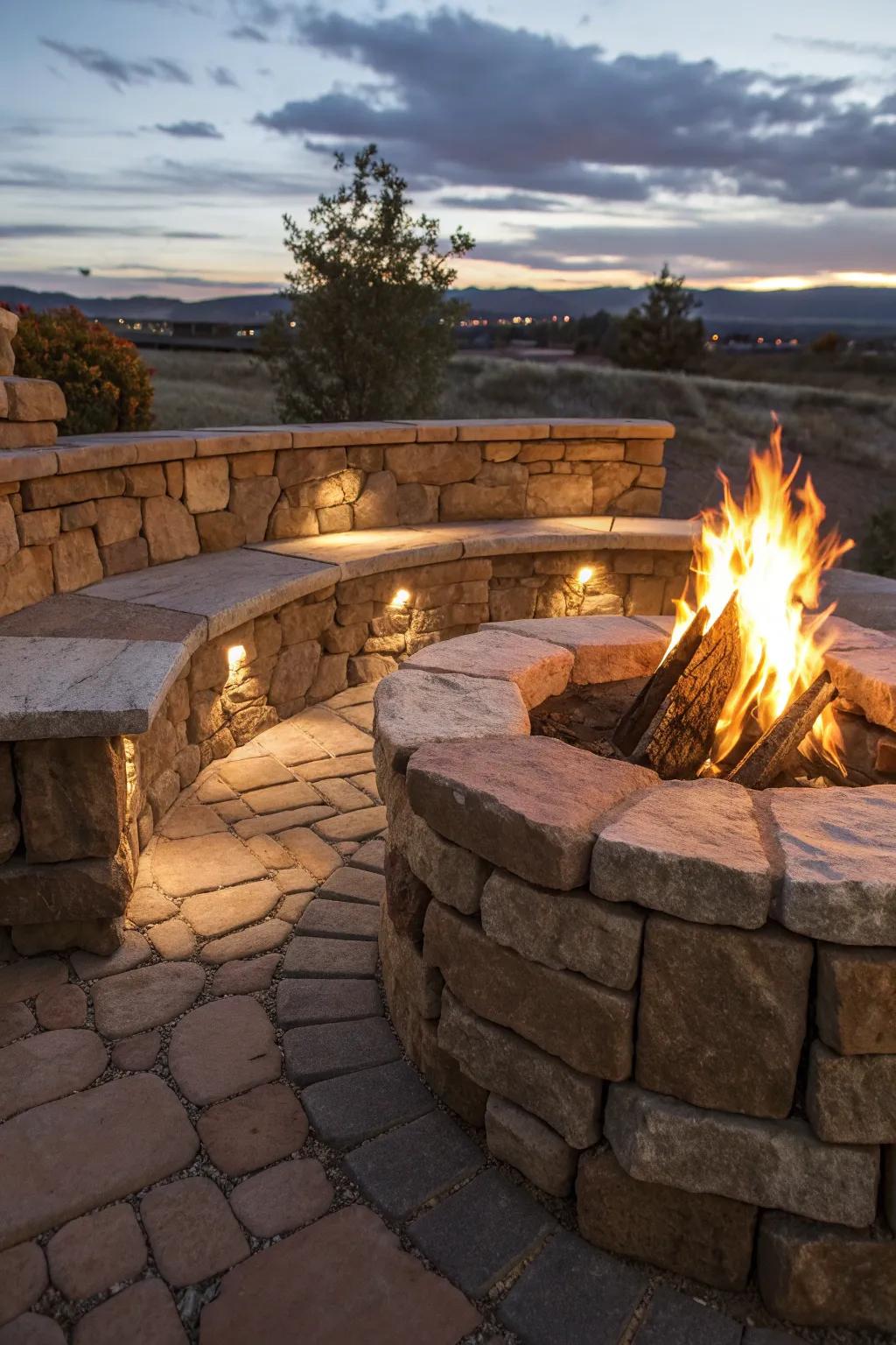 Cozy up by the fire with this handcrafted stone bench, where craftsmanship meets comfort.