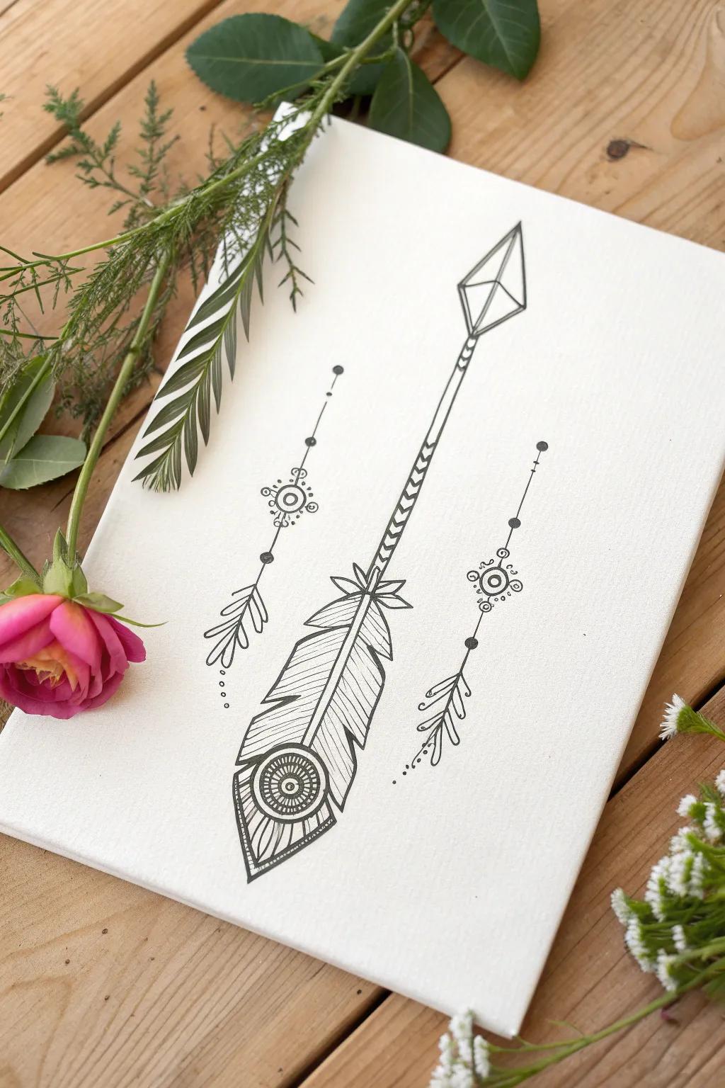 Embrace your journey with this stunning minimalist arrow tattoo design, where simplicity meets boho elegance.