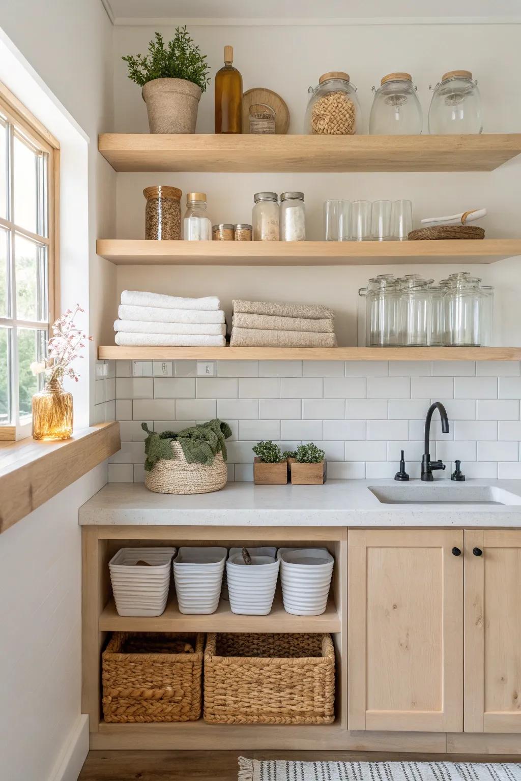 Transform your under-sink chaos into a serene sanctuary with these chic tiered shelves. #DIYStorage #ScandinavianStyle #BohoChic