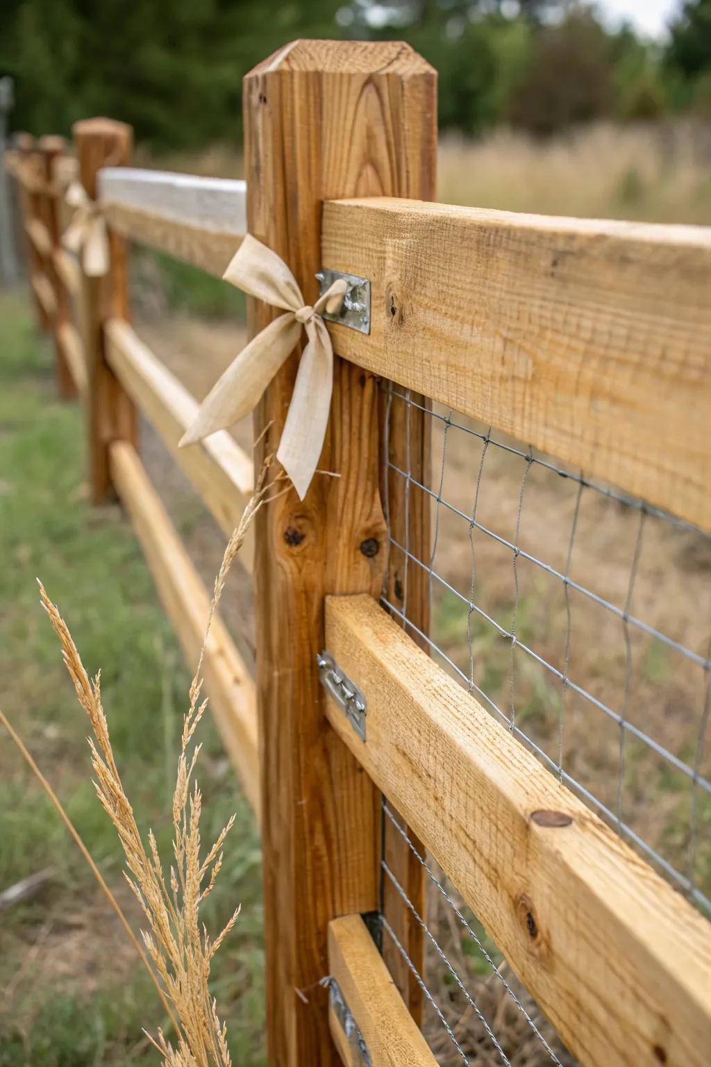 Rustic split-rail charm, secured with snug wire mesh—country style that truly keeps dogs in.