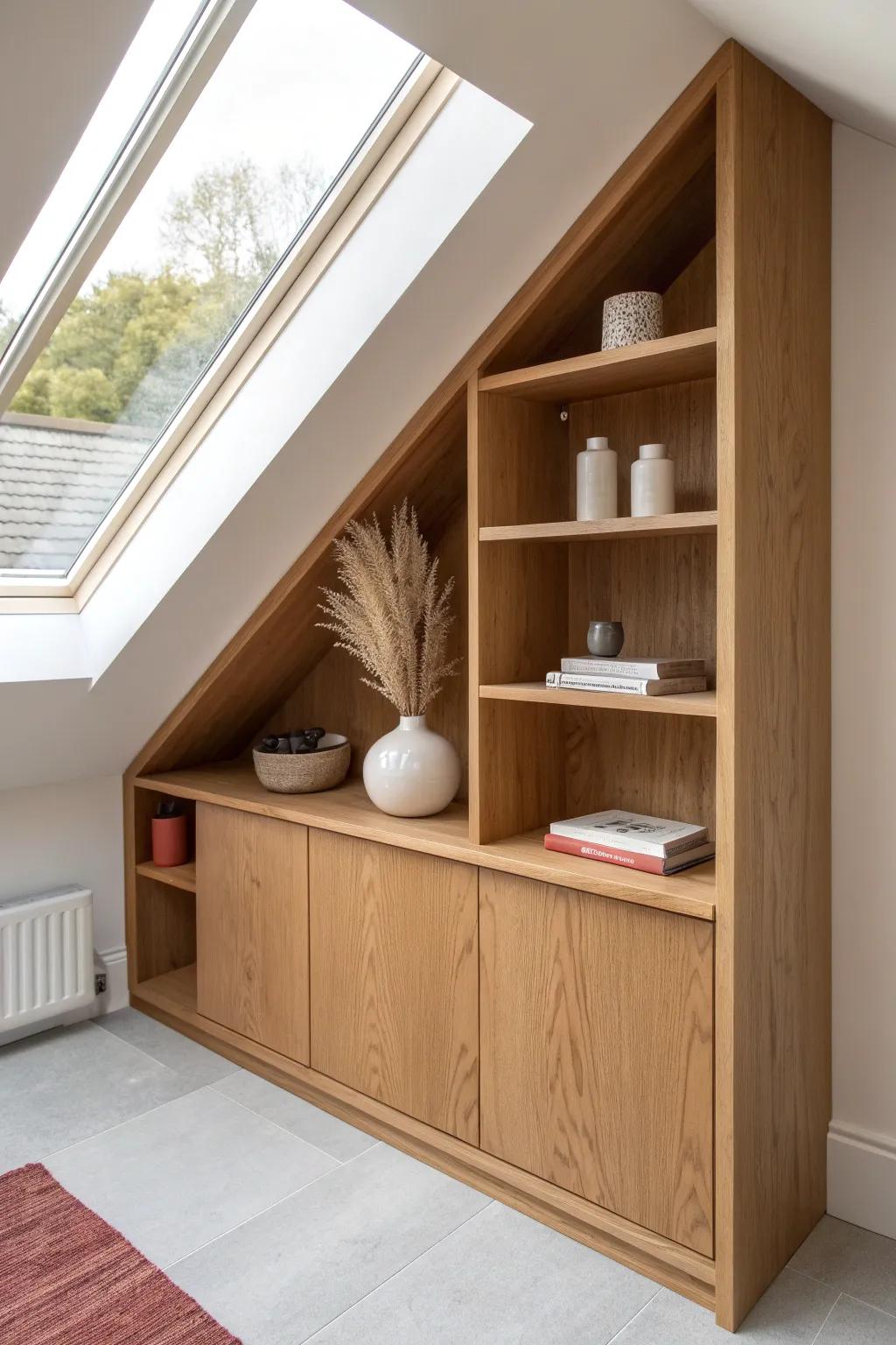 Angled built-in dormer shelves in warm oak—custom roof-pitch cuts with bold terracotta contrast.