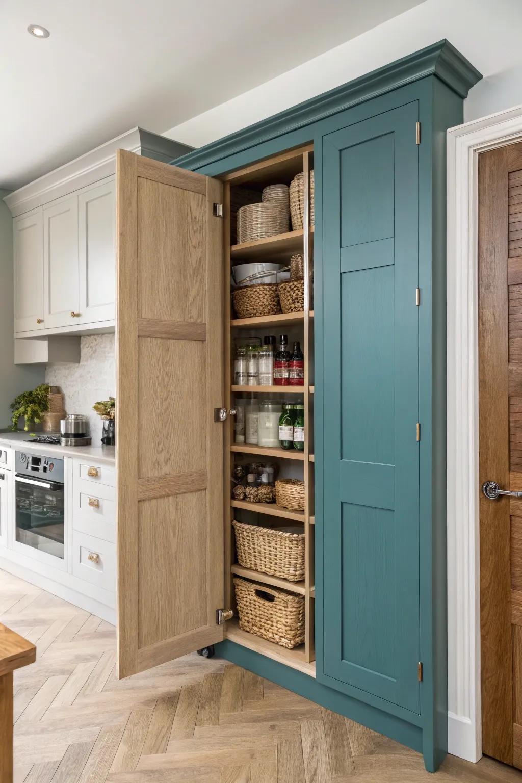Recessed double-door pantry with oak shelving—minimal lines, boho baskets, bold contrast.