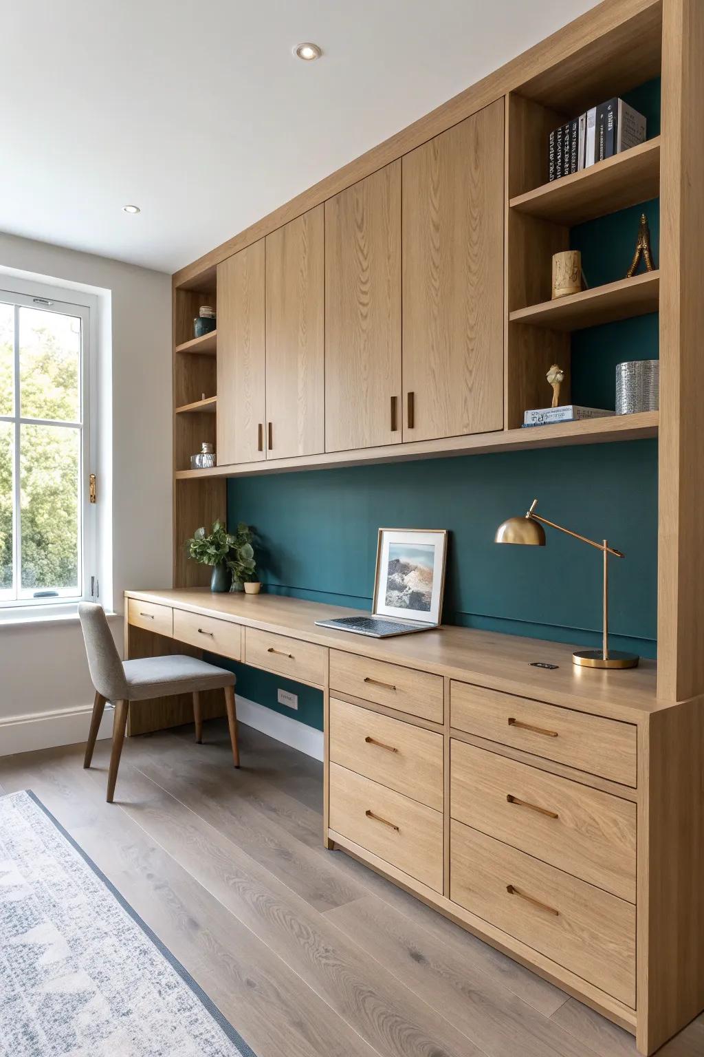 A floating oak wall desk keeps your garage office airy, organized, and beautifully minimal.