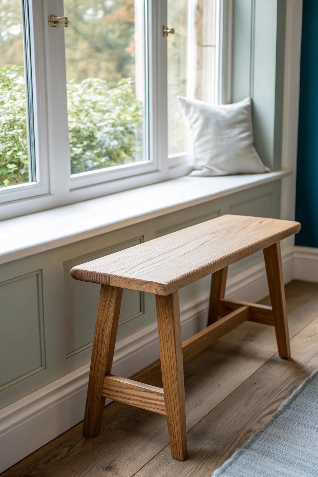 One long oak window stool + clean apron turns double windows into a custom focal point.