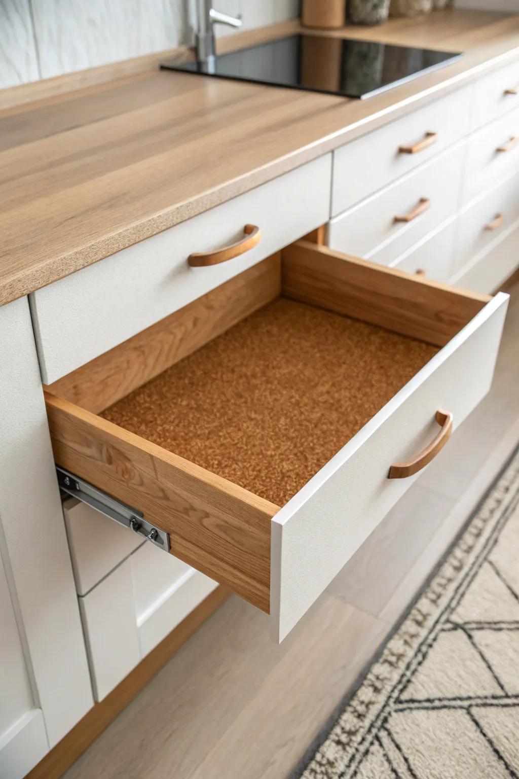 Cork liner in a pale oak drawer—quiet grip that keeps every tray perfectly in place.