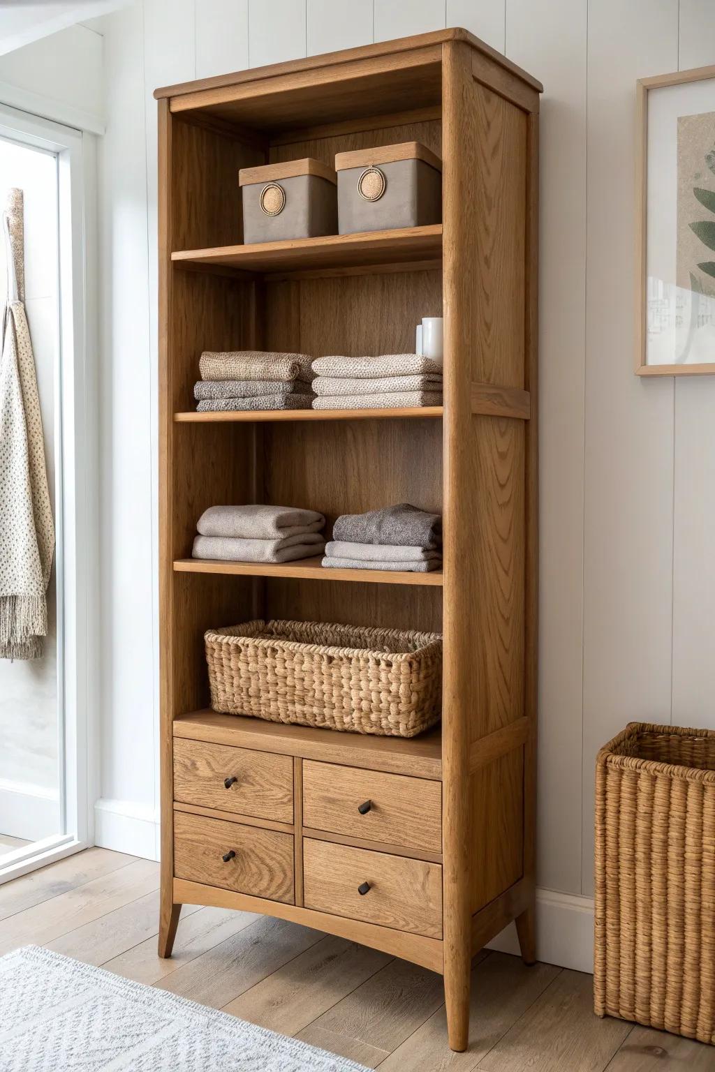 A tall slim bookcase turns into an airy open dresser—folded stacks, bins below, styled top.