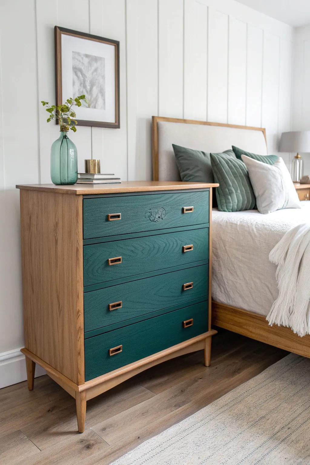 Moody painted dresser at the bed’s foot—small flip, big focal point for a calm boho bedroom.