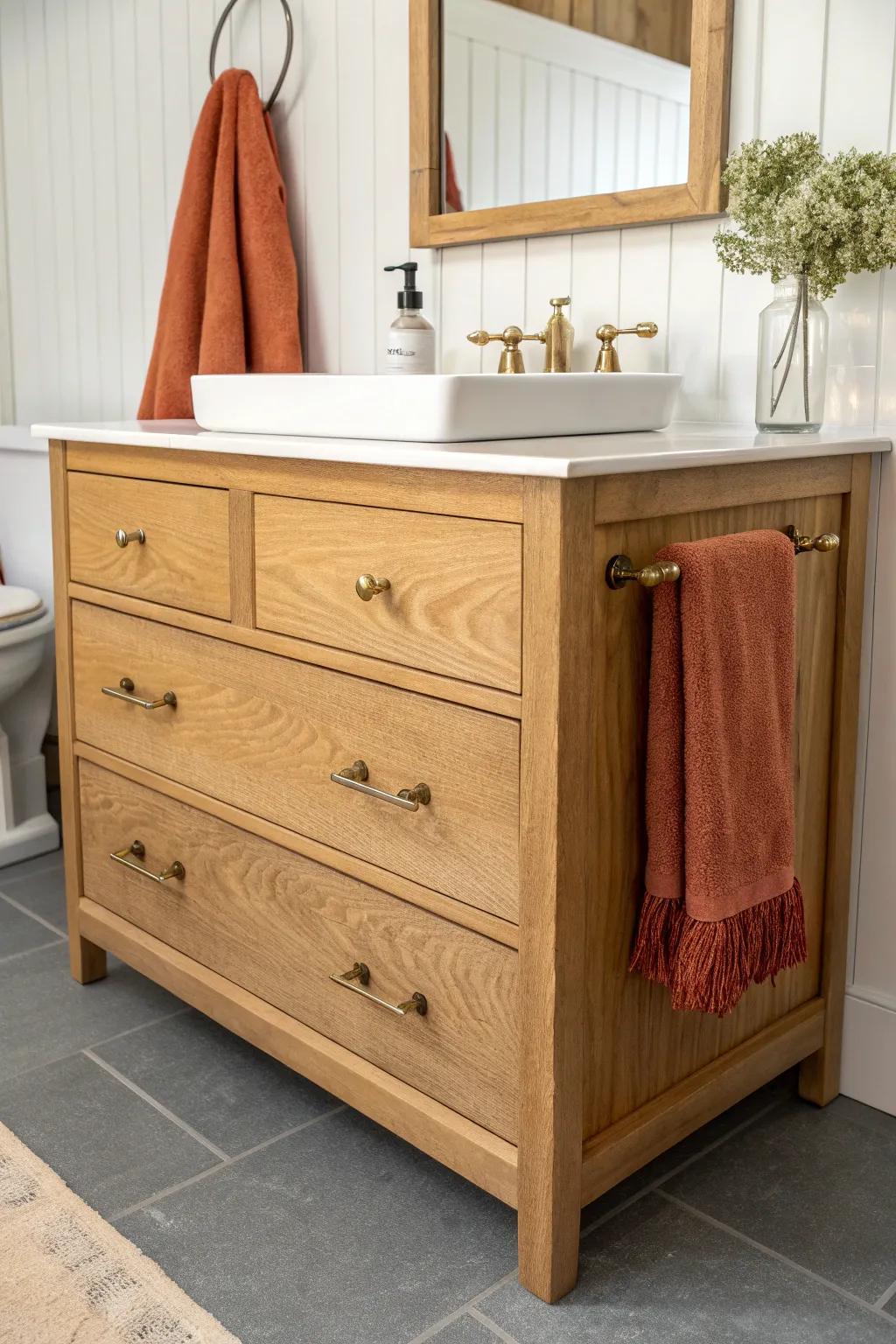 Simple dresser vanity + crisp beadboard backdrop for instant cozy cottage texture.