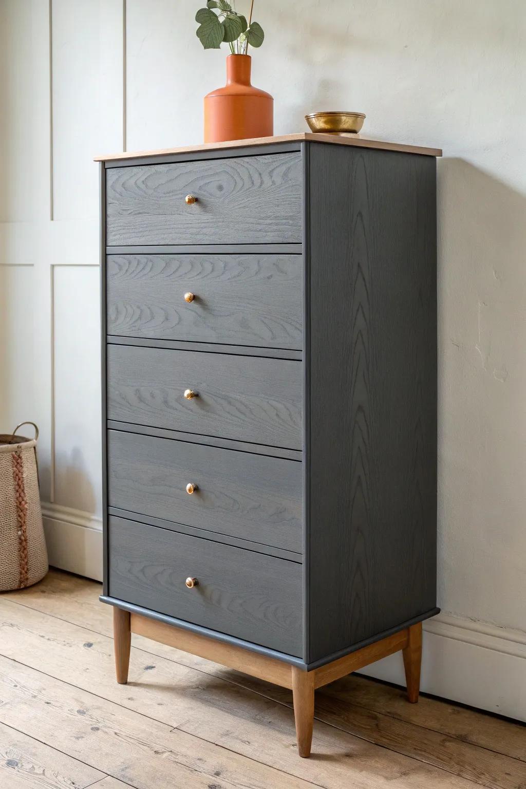 Soft charcoal adds quiet contrast—slimming a tallboy silhouette without the heaviness of black.