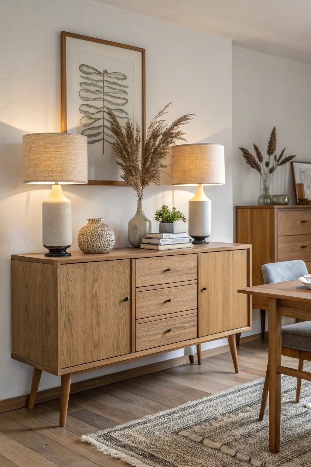 Two matching lamps on a dining room dresser create a warm, balanced glow for late dinners.