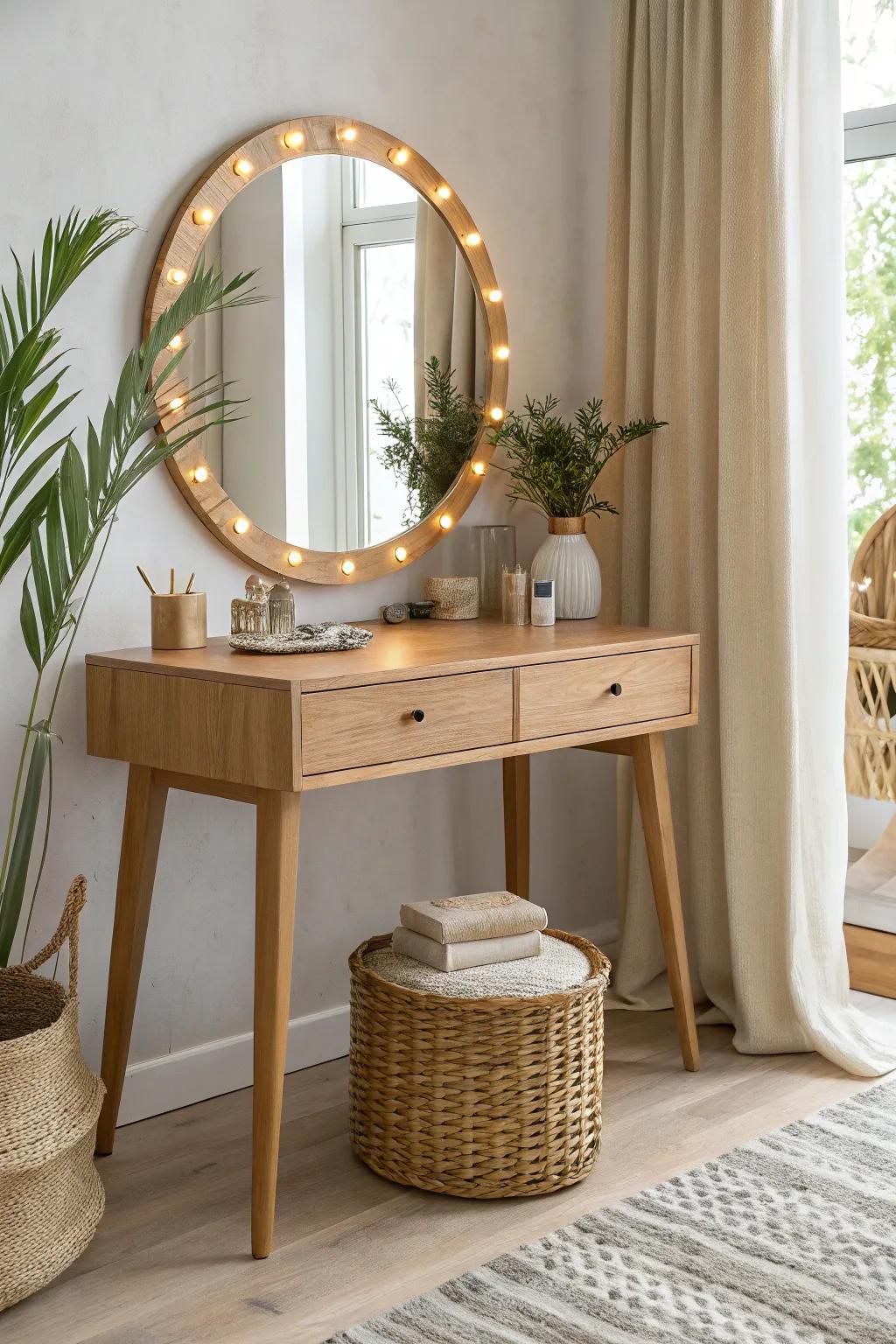 Warm side LEDs turn a simple wood vanity into a mini studio—soft, flattering glow every day.