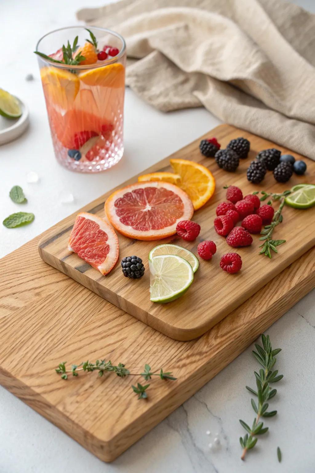 A rainbow of citrus, berries & herbs—this wooden garnish board makes cocktails feel extra special.