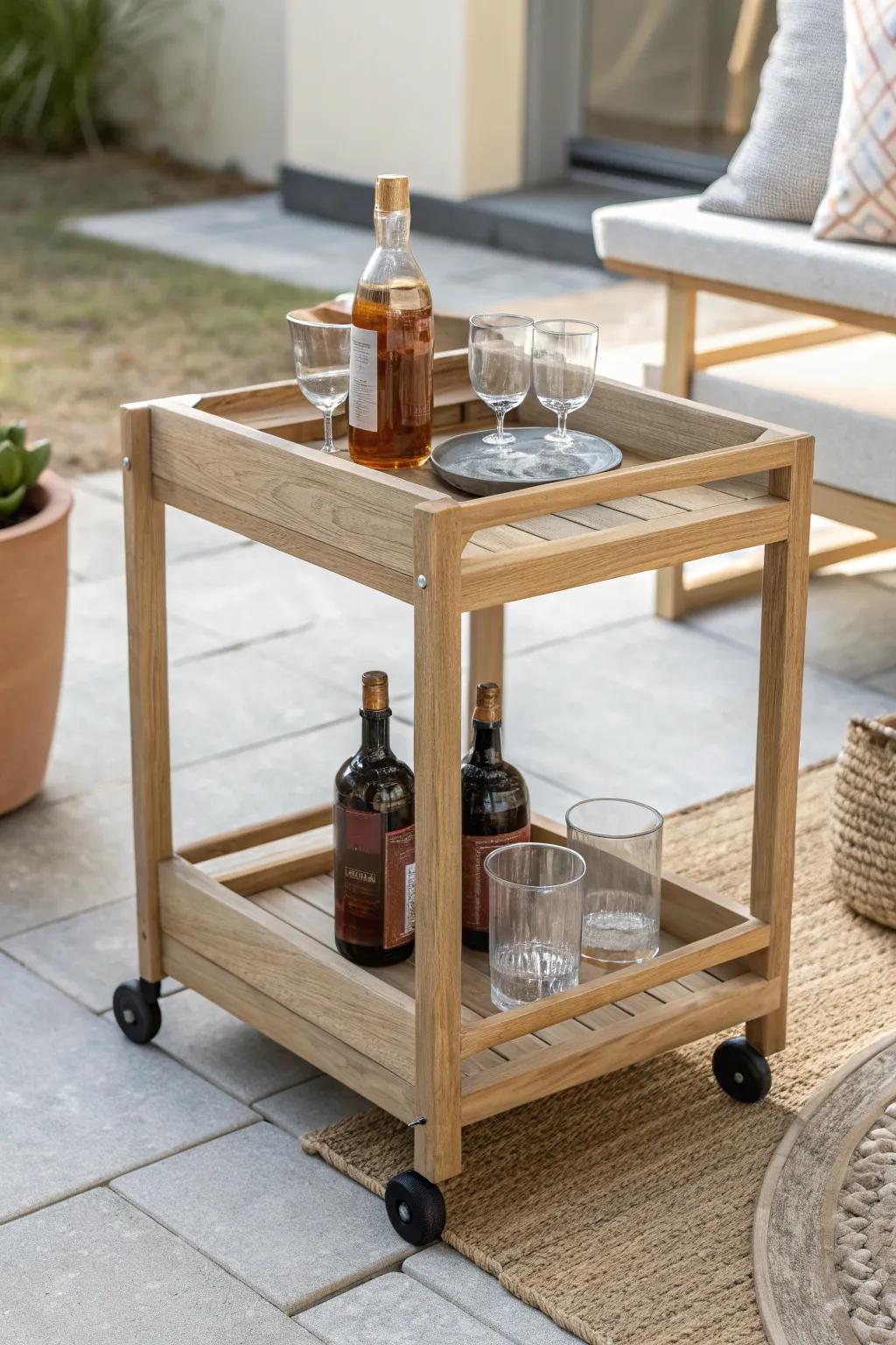 Handmade rolling drinks cart with bottle rail—small-patio friendly, stylish, and steady on locking casters.