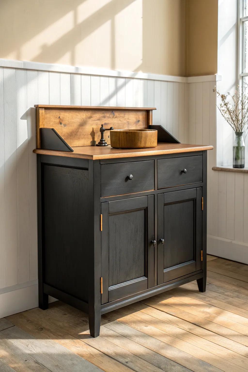 Moody black distressed dry sink bar—instant vintage lounge drama that makes bottles pop.