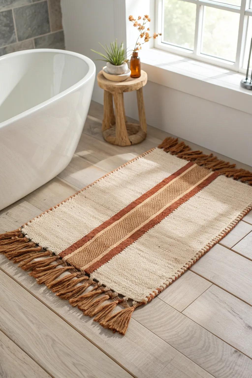 A warm-neutral jute rug adds instant earthy spa calm—texture, contrast, and cozy minimalist style.