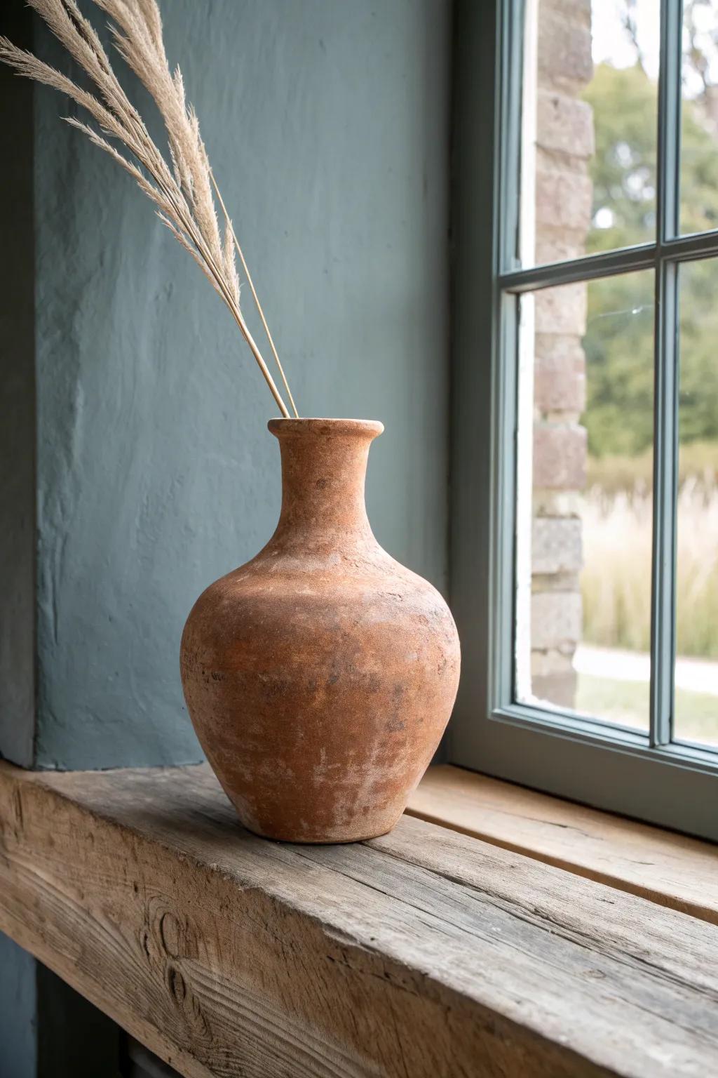 Handcrafted terracotta vase on reclaimed pine—minimal, earthy, and instantly warms up any wood shelf.